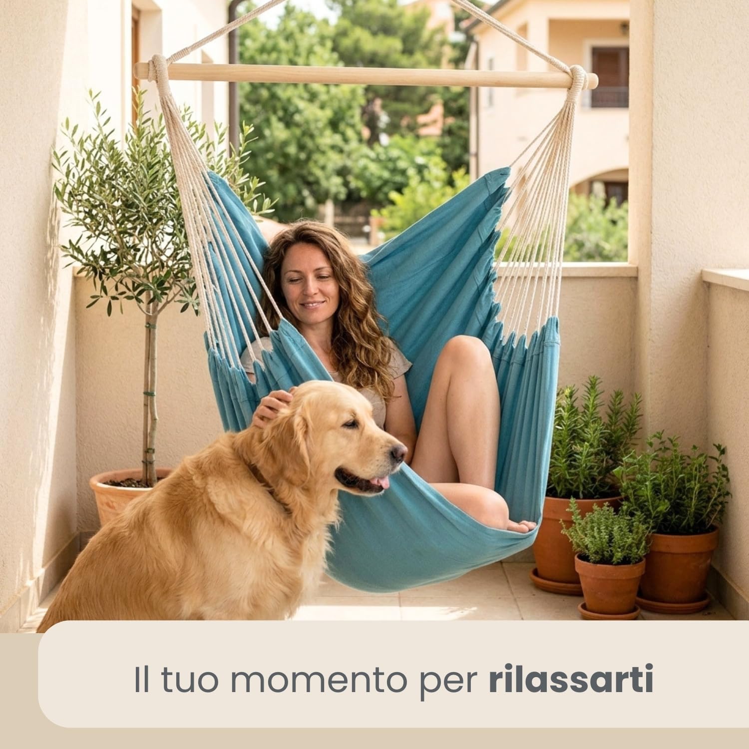 Amaca XXL per Tutta la Famiglia | Dondolo Peso Massimo supportato 150 kg | Sedile sospeso di Tela 190x140cm | Dondolarsi 100% Cotone | Amaca incl. moschettoni | per la Siesta | Blu Mare