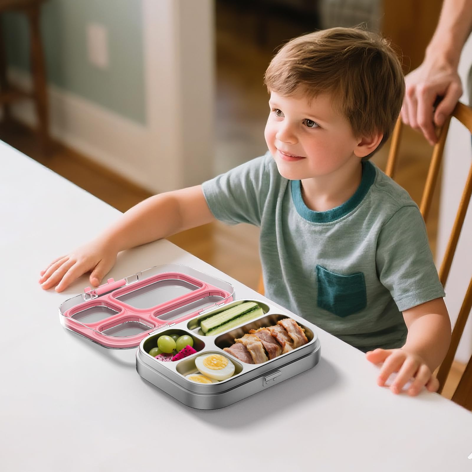 G.a HOMEFAVOR 800 ml Fiambrera Bento de Acero Inoxidable 304 para Niños, Caja de Bento Hermética con 4 Compartimentos, Bandeja para Sándwiches y Ensalada, Apto para Lavavajillas, Rosa