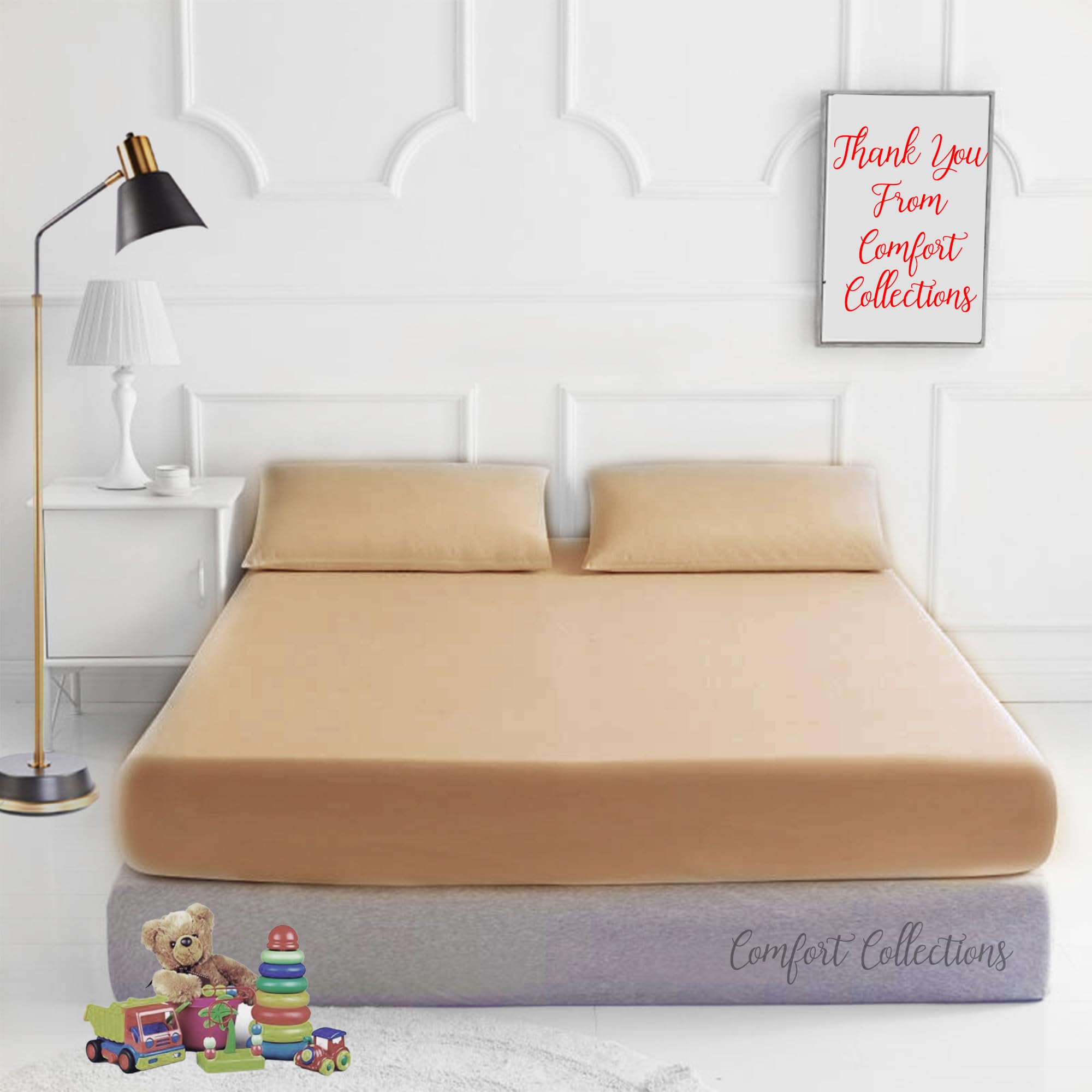 Comfort Collections Plain Dyed Easy Care Poly Cotton Flat and Fitted Sheet Set with Pillow Case Bedding Set (Latte, Superking)