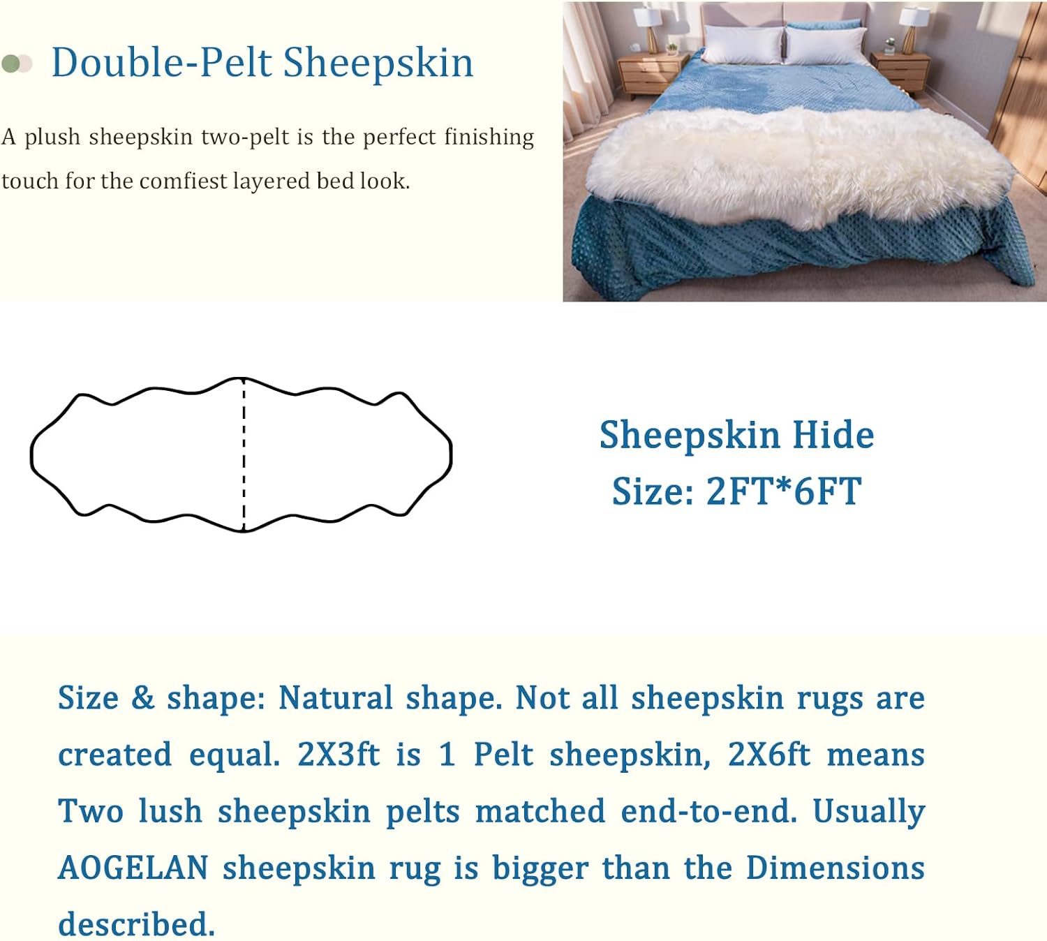 Premium Genuine Sheepskin Rug, Fuzzy Fluffy Shaggy Fur Wool Area Carpet for Soft Fur Pray Pup Mat,Bedroom,Living Room,Chair Sofa Seat Cover,Ivory White, 2' x 6'
