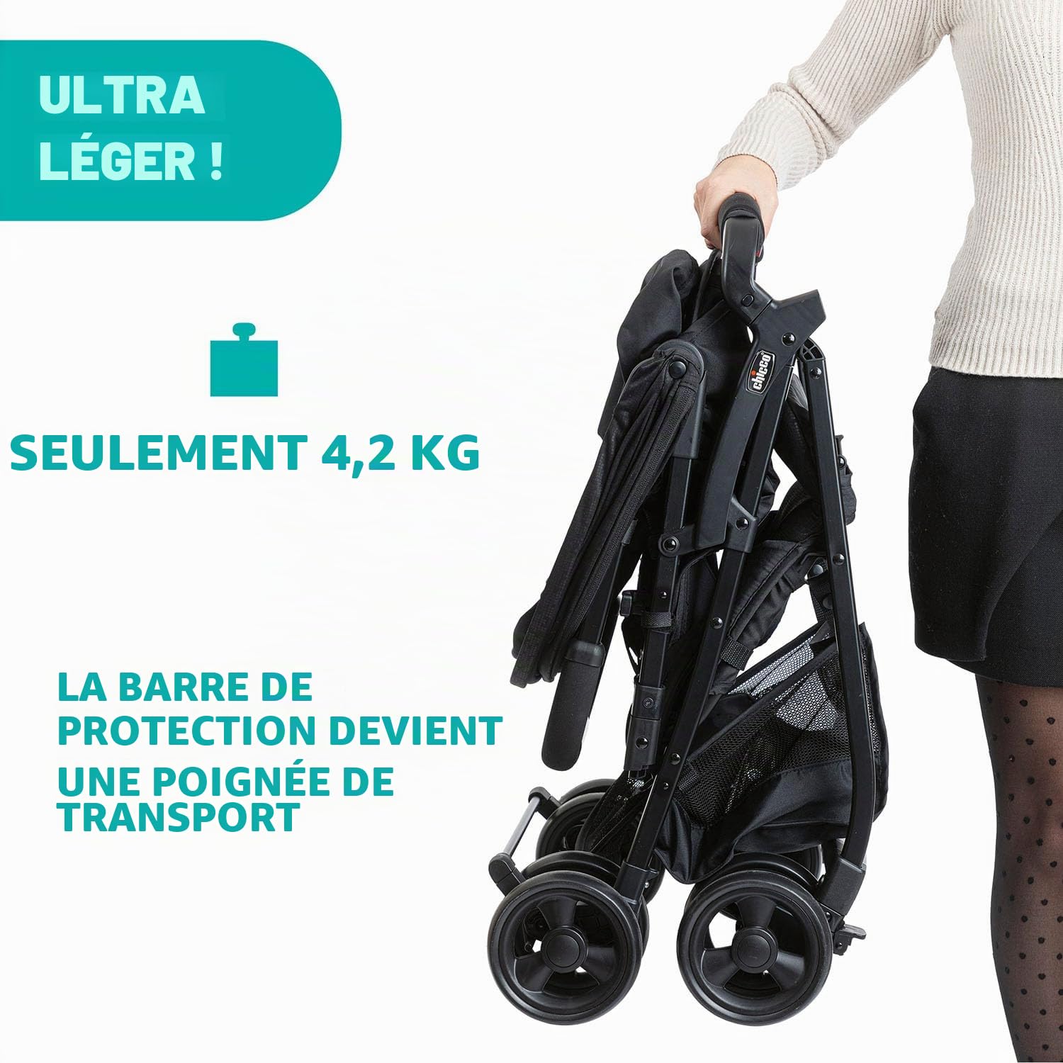 Chicco OHlalà 3 Poussette Canne Bébé Ultra légère, Compacte, Pliable et Inclinable de la Naissance à 15 kg, avec un Grand Panier, Housse de Pluie Incluse, et Toit Extensible - Jet Black