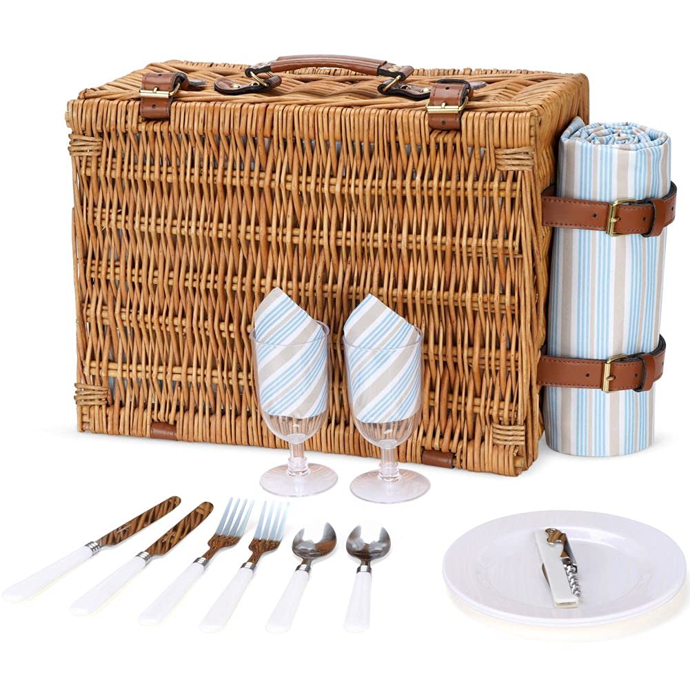 Juego de cesta de picnic para 2 personas, cesta de sauce con gran compartimento térmico aislante, manta impermeable y kit de servicio de cubiertos, marrón clásico