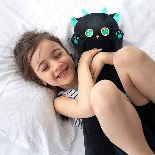 Miniatura 8 de Mewaii Almohada larga de peluche Kawaii de 44 pulgadas, lindo gato negro de peluche de animales de peluche, juguetes de peluche de ojos grandes,