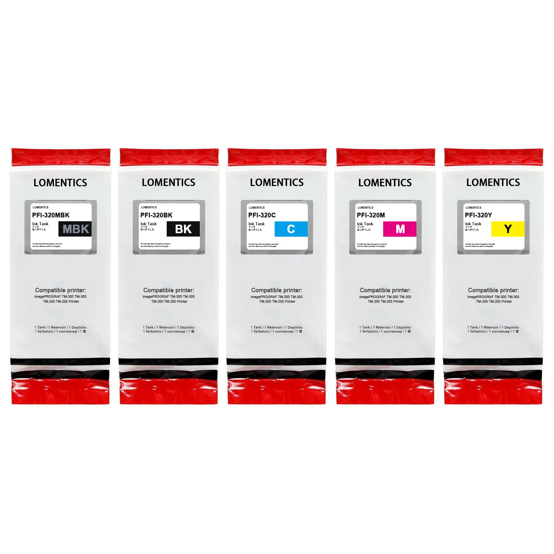 LOMENTICS PFI-320 Ink Tank Pigment (5-Pack, 1Black, 1Matte Black, 1Cyan, 1Magenta, 1Yellow) Loment Compatible PFI 320 PFI320 Ink Tank Replacement for TM-300 TM-305 TM-200 TM-205 Printer