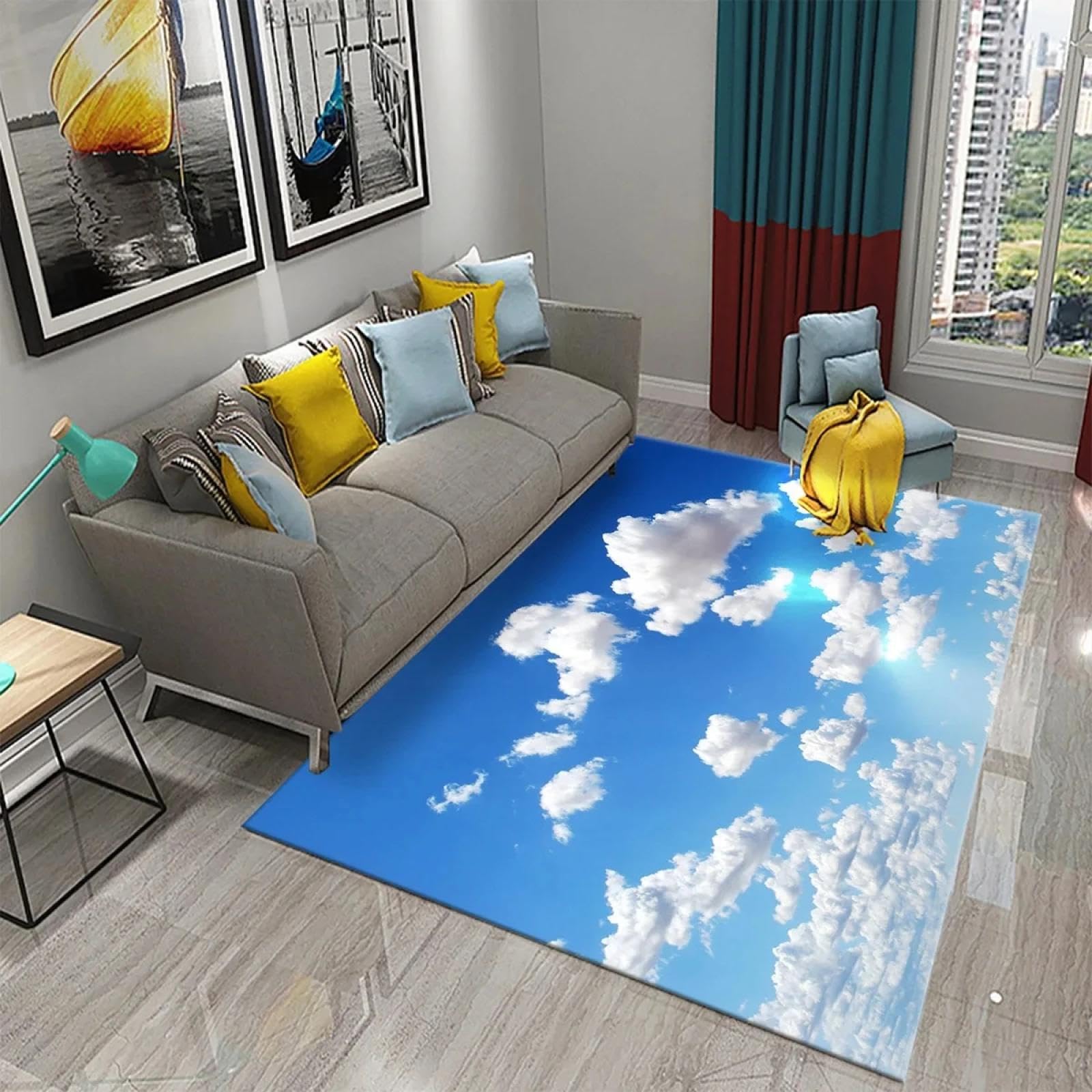 Tapis nuage bleu ciel blanc grand format antidérapant pour déco salon et salle de bain