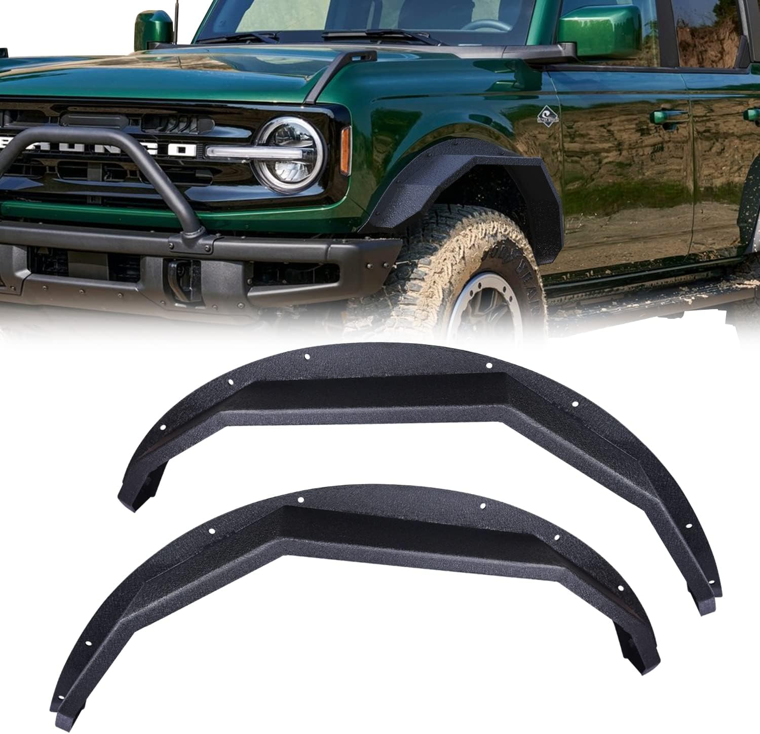 RYNOSKIN Front Fender Flares Compatible with 2021-2025 Ford Bronco 2 Door & 4 Door Heavy Duty Carbon Steel Off-Road Flat Wheel Fenders Heavy Textured Black Side Protections (Only for Front Wheel 2PCS) RYNOSKIN Front Fender Flares Compatible with 2021-2025 Ford Bronco 2 Door & 4 Door Heavy Duty Carbon Steel Off-Road Flat Wheel Fenders Heavy Textured Black Side Protections (Only for Front Wheel 2PCS)