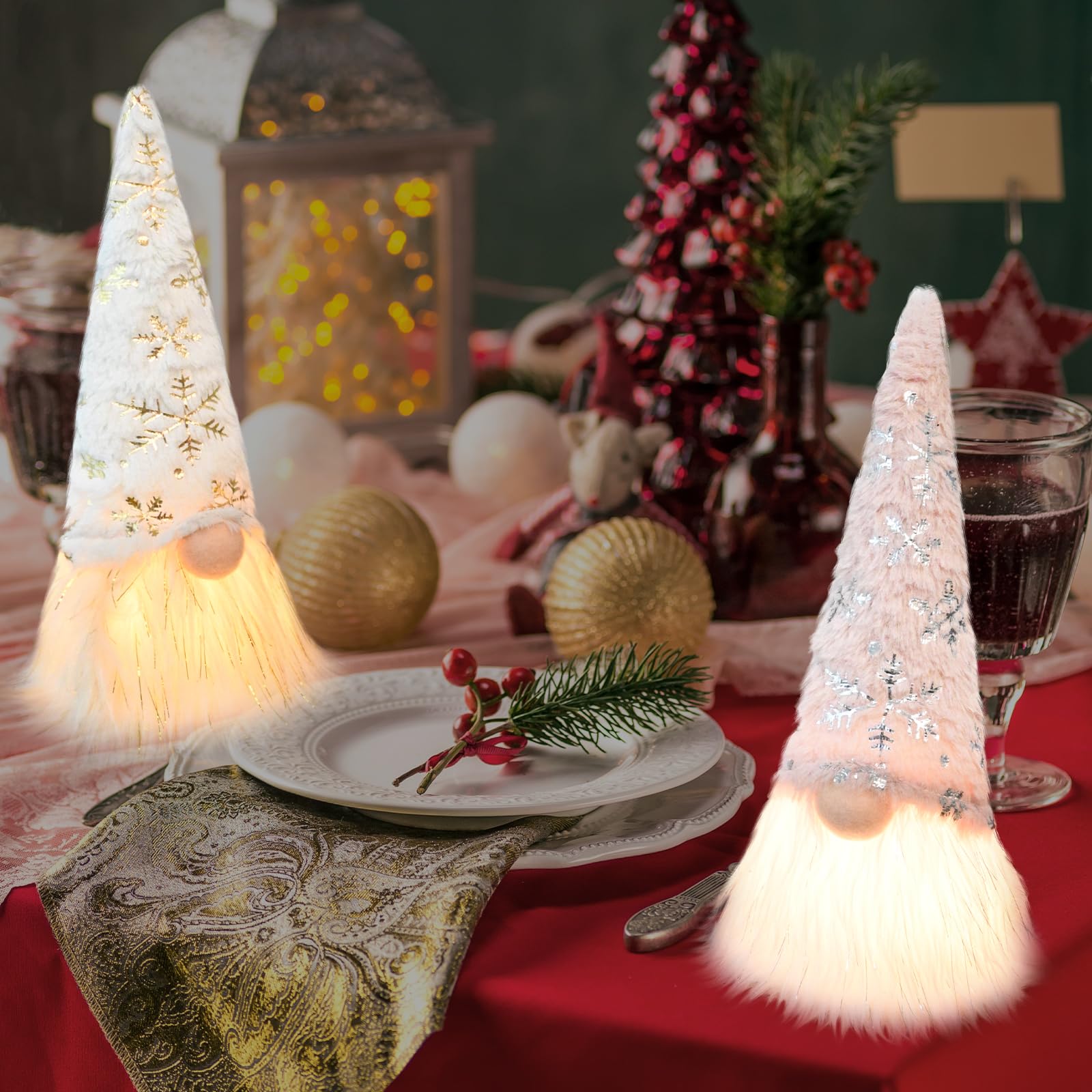 RD JIREDA 2 Pack Lighted Christmas Gnome Santa, Christmas Home Decorations, Battery Operated Winter Tabletop Decor, Light Up Elf Holiday Present, LED Elf Doll Gnome