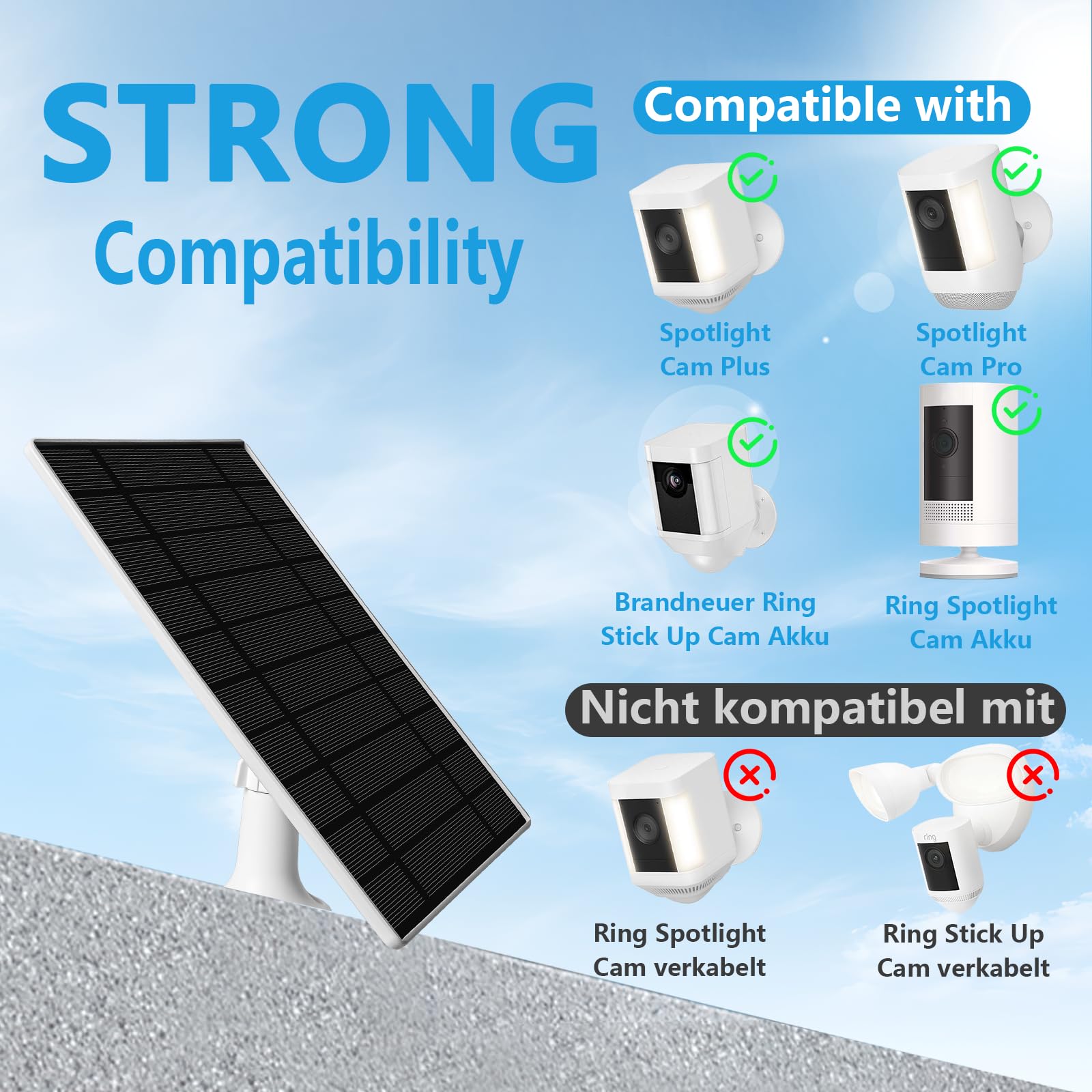 LURICO Solarpanel Für Ring Kamera 6W - IP66 Wasserdicht Mit 4m Kabel Für Outdoor Überwachung