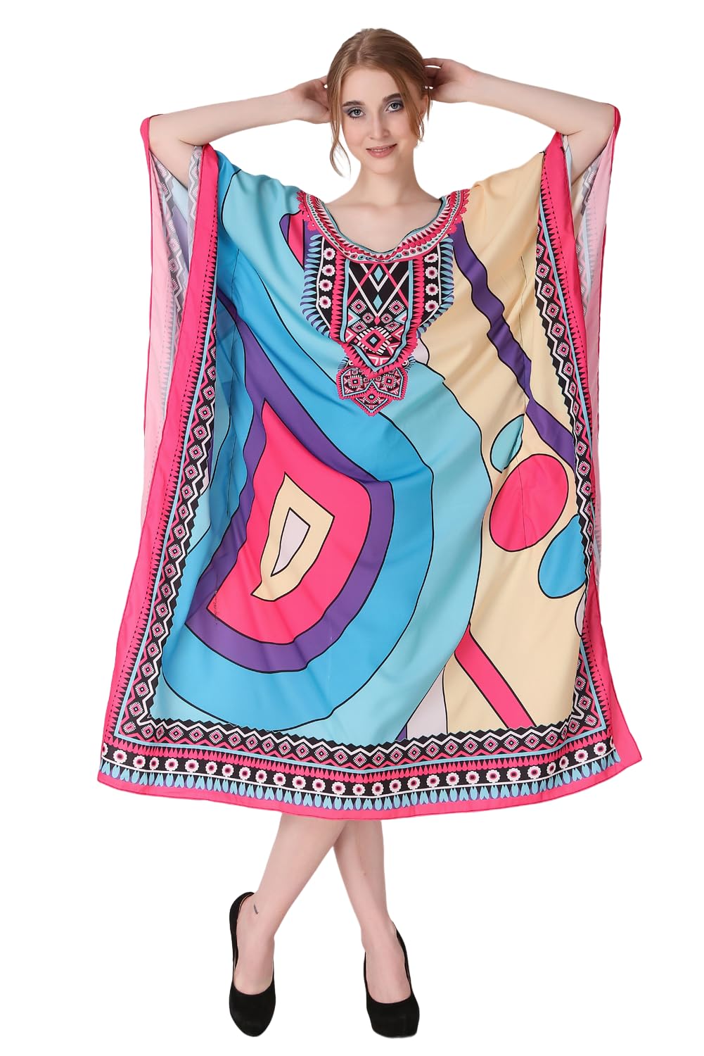dressprinted Round Neck Printed Crepe Maxi Length Long Kaftan Dress for Women Multicolor Freesize-picture-12