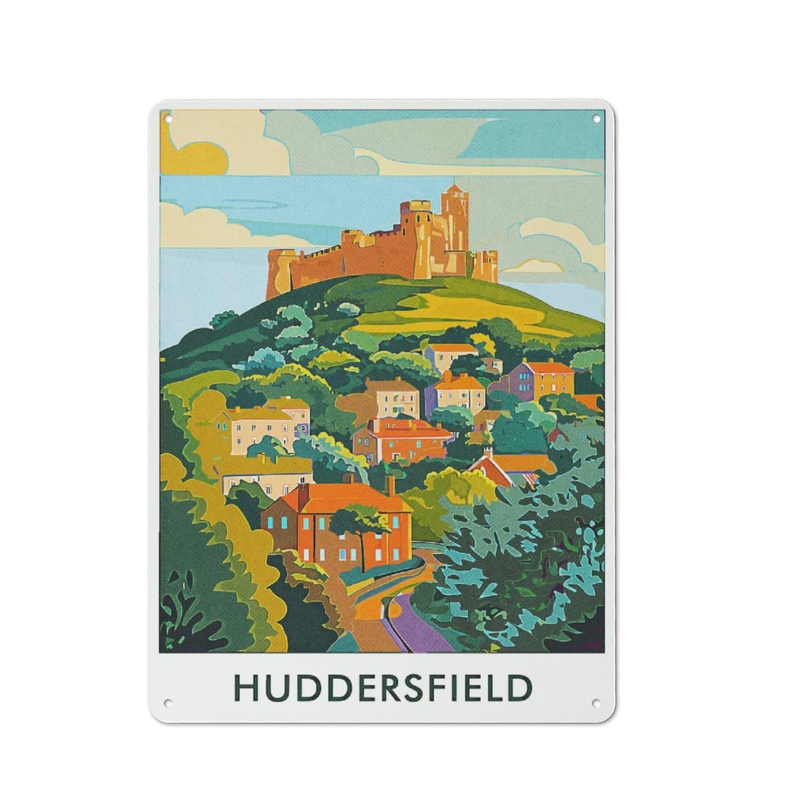 Junmoney Style-22 Huddersfield Castle Illustration Shop Front Style Metal Wall Decor 40X30cm, Bistro Metal Sign For Takeaway, Bar, Kitchen Or Counter Area