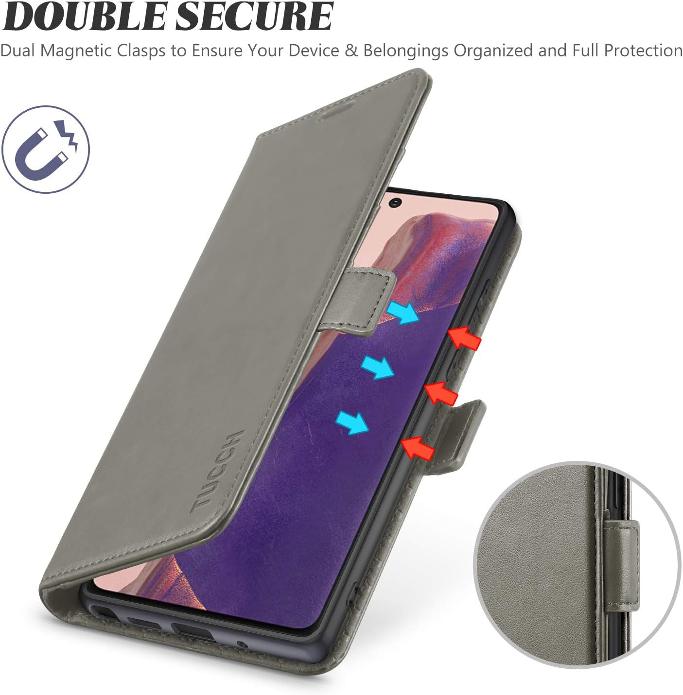 TUCCH Galaxy Note 20 Wallet Case, PU Leather Magnetic Stand [RFID Blocking] Card Slots Wireless Charging Flip Cover with [TPU Shockproof Interior Case] Compatible with Galaxy Note 20 6.7-Inch, Grey