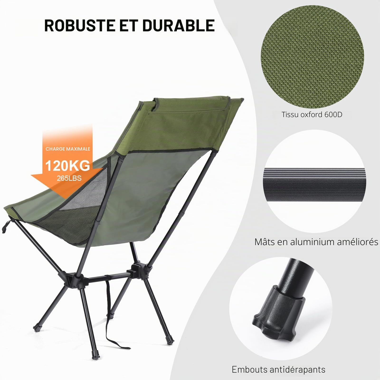 Chaise Pliante Camping Confortable Légère, Chaise de Plage Pliable Haut, Siege Camping Pliable Portable de Exterieur Randonnée Peche Jardin Barbecue, Vert