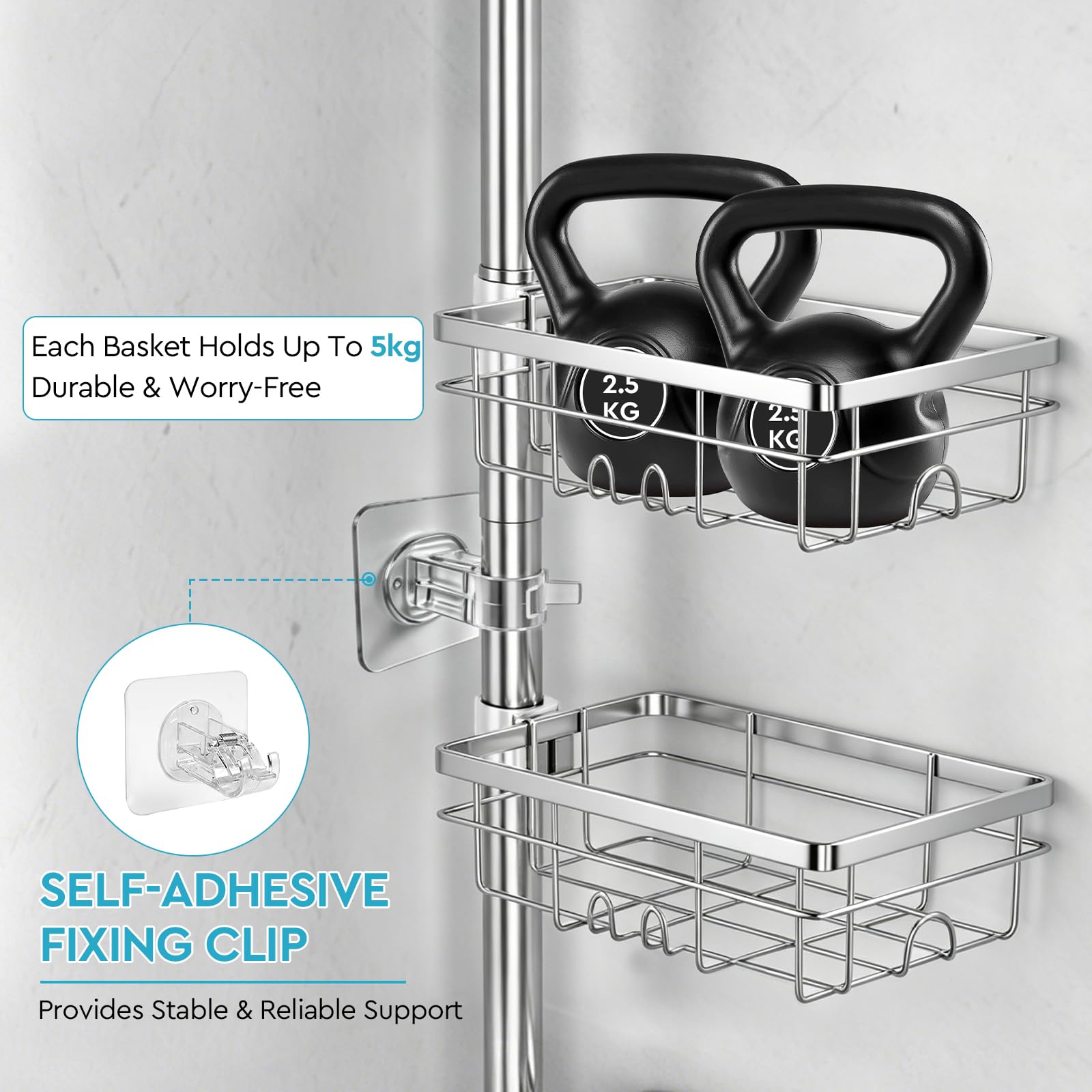 EXLECO Estantería telescópica para ducha con 7 estantes, sin agujeros, 78 – 308 cm, resistente a la oxidación, estantería de baño, estantería esquinera, organizador con barra para toallas, soporte