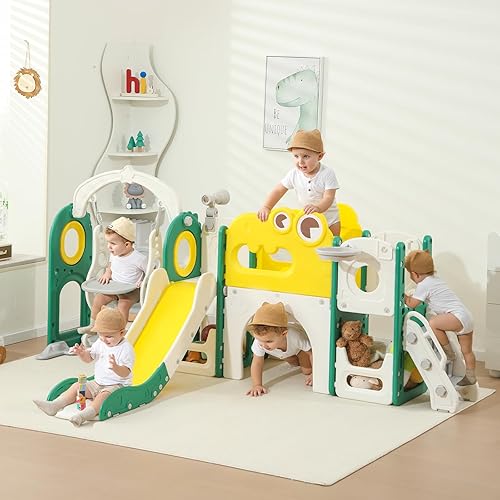 Miniatura 8 de Tobogán para niños pequeños, 9 en 1 plegable para interiores de 1 a 3 años, tobogán extra largo con aro de baloncesto para interiores y exteriores,