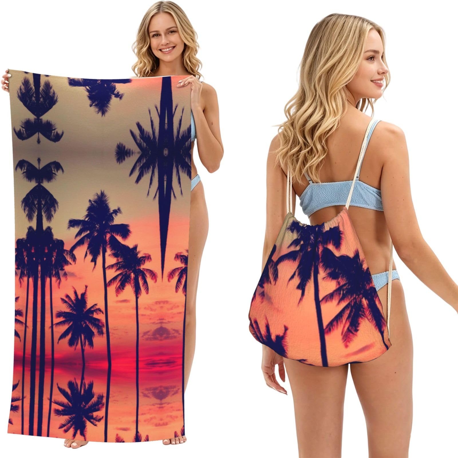 SATUSA Palm Tree Summer Sunset Print 2-In-1 Foldable Beach Towel Backpack â€“ Camping, Yoga And Travel,Bath Towel With Built-In Storage, Convertible Beach Mat & Carry Bag