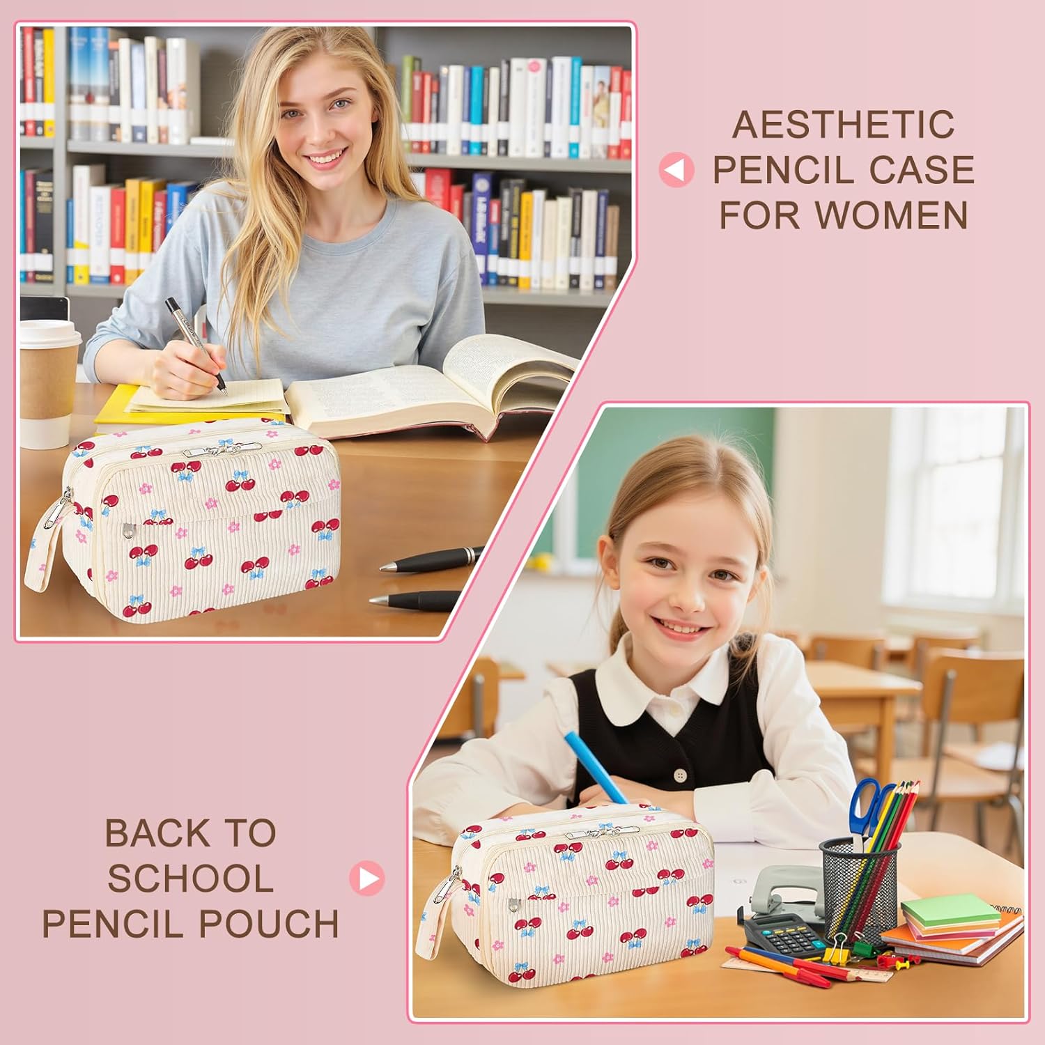 Large Pencil Pouch for Girls,Cute Corduroy Pencil Case Pouch Aesthetic Soft Pencil Bag for School, Zippered Pencil Organizer School Supplies for Teen Girls Women Gif(cherry) - Image 7