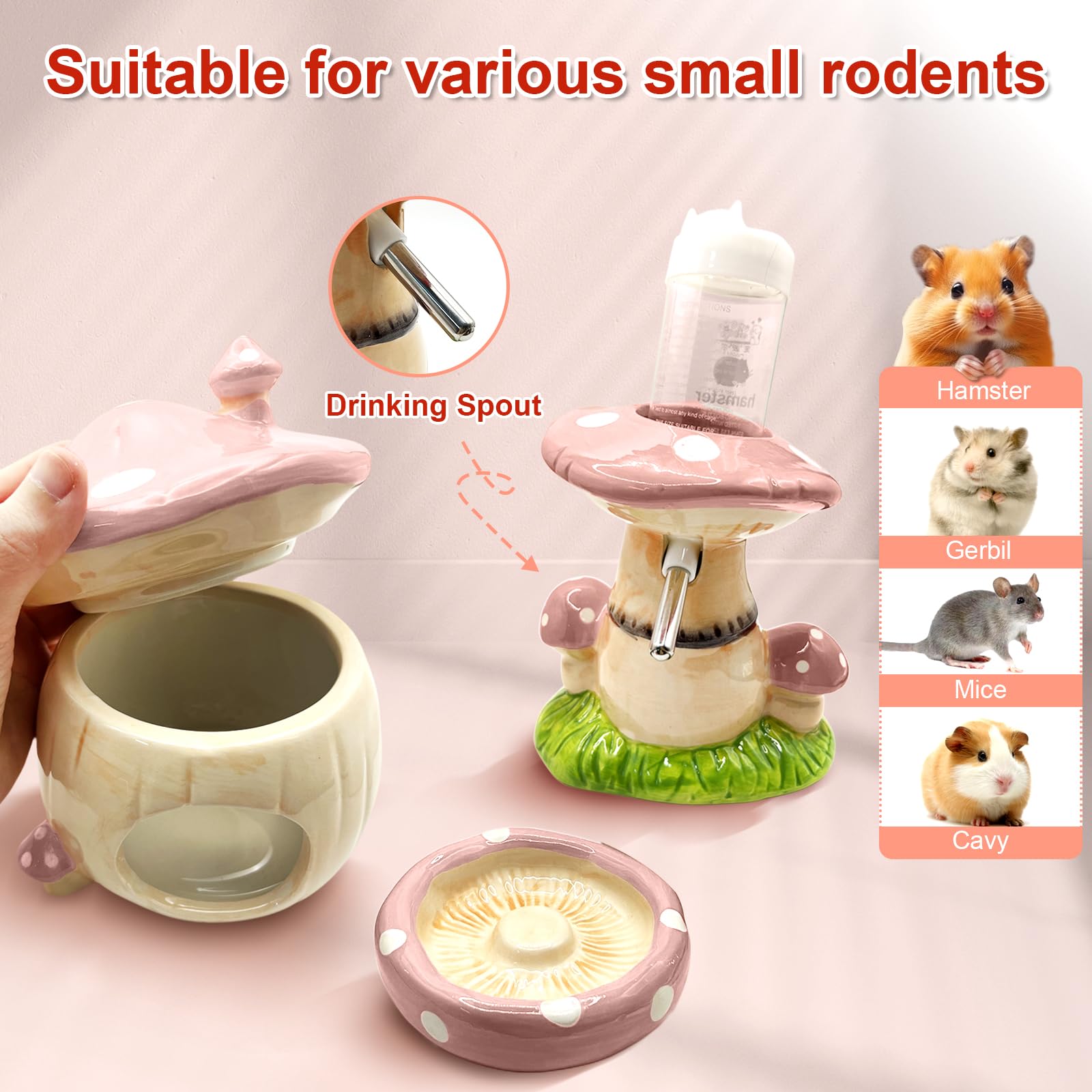 Nascondiglio in ceramica per criceti, bottiglia d'acqua con supporto, ciotola per cibo, accessori per criceti (rosa)