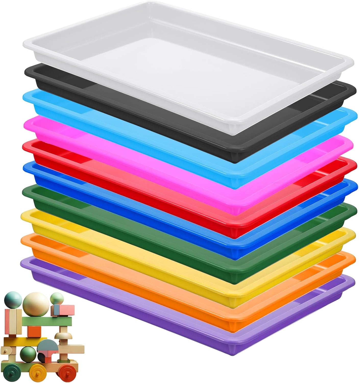Molain 10 Pack Multicolor Plastic Art Trays 16x12x1 Inch Large Stackable Activity Craft Trays Sensory Serving Organizer Art Serving Tray for DIY Projects, Beads, Jewelry, 10 Colors
