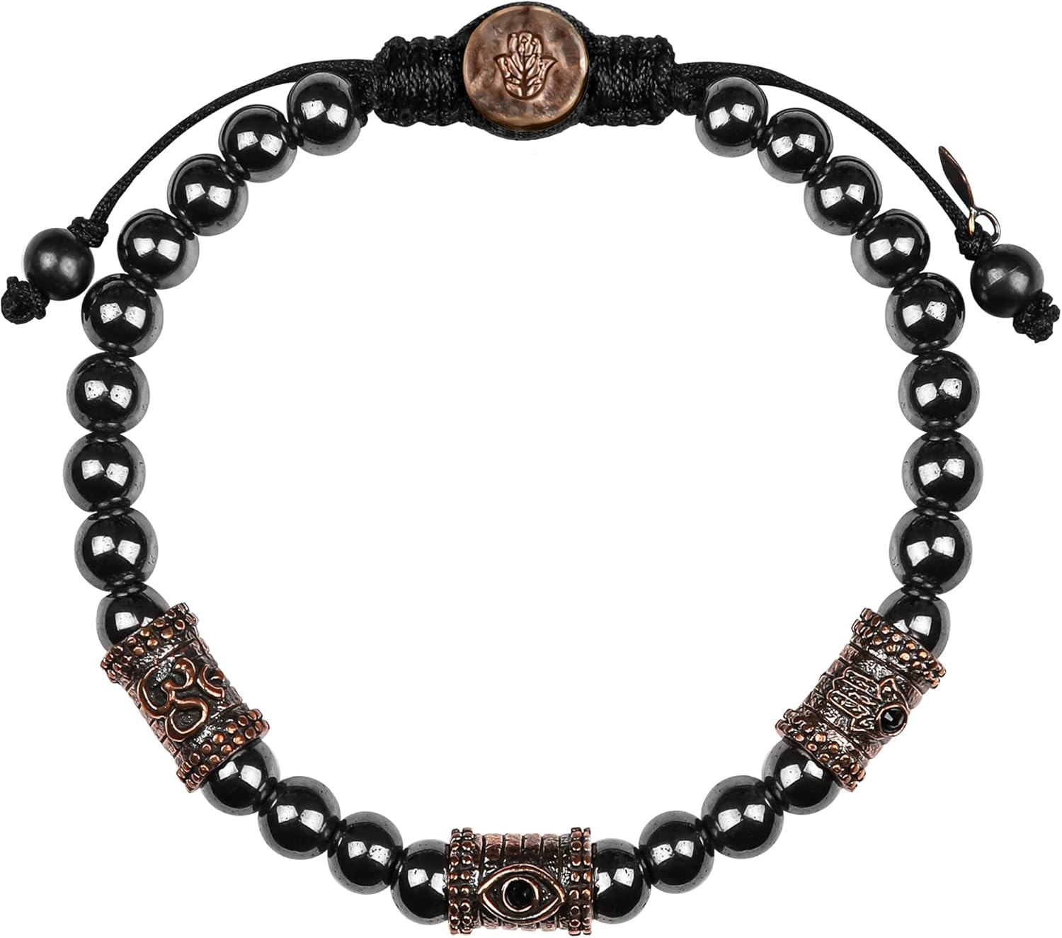 KARMA AND LUCK - Grounding Force - Triple Protection (Om, Hamsa & Evil Eye) Symbols Genuine Gemstones Macrame Bracelet for Men - Ready to Gift for Him. Size: Adjustable from 7" to 9".