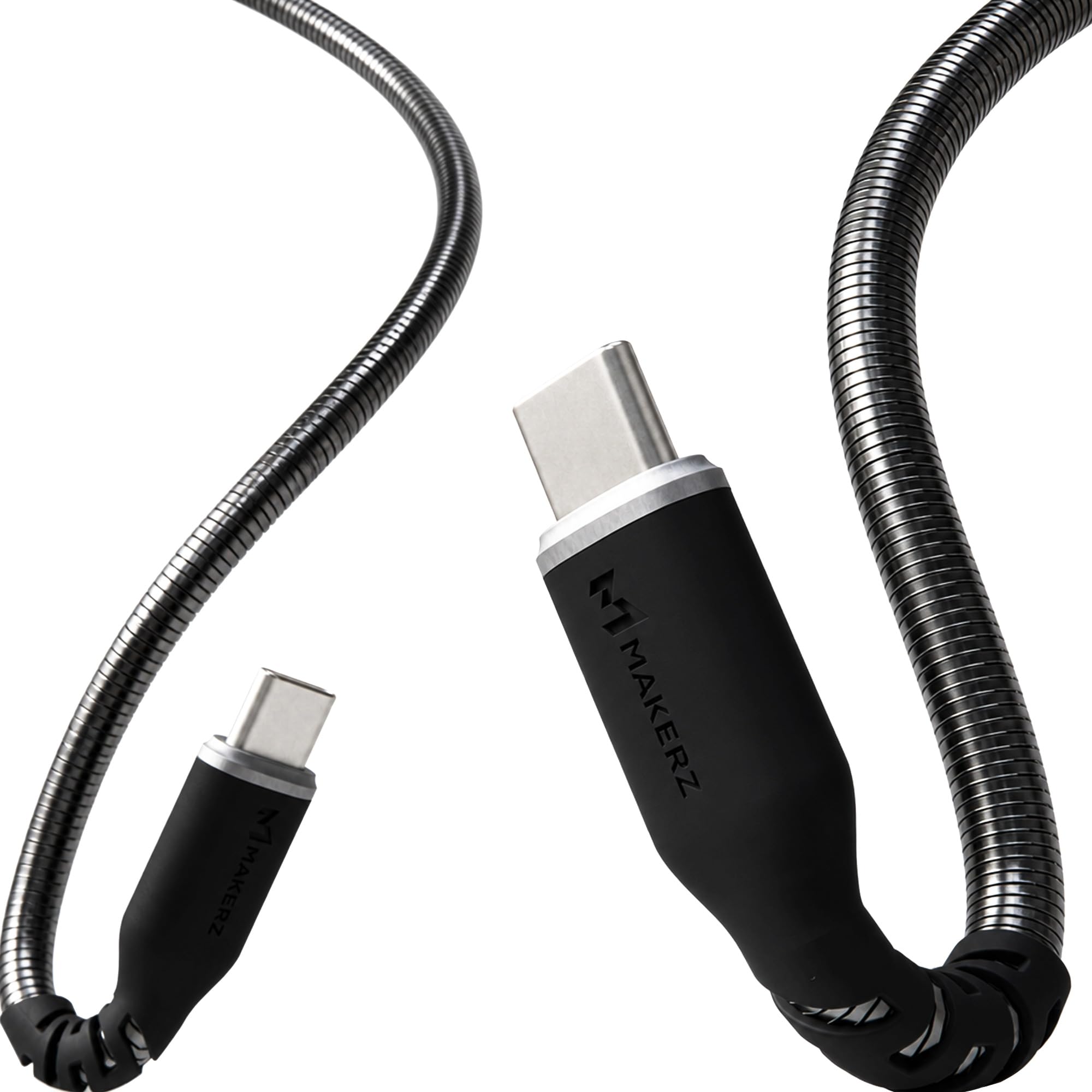 メイカーズ SOLIDZ Power Cable 金属スパイラルUSB-C ＆ USB-Cケーブル(240W,1.0m) 高耐久 結束バンド付 | 高耐久 ステンレス 耐屈曲 15万回 絡まない 断線対策 ロングブッシュ構造 やわらか しなやか ブラック iPhone 17 / 16 / 15 / MacBook Pro Air iPad Android Galaxy Pixel Switch