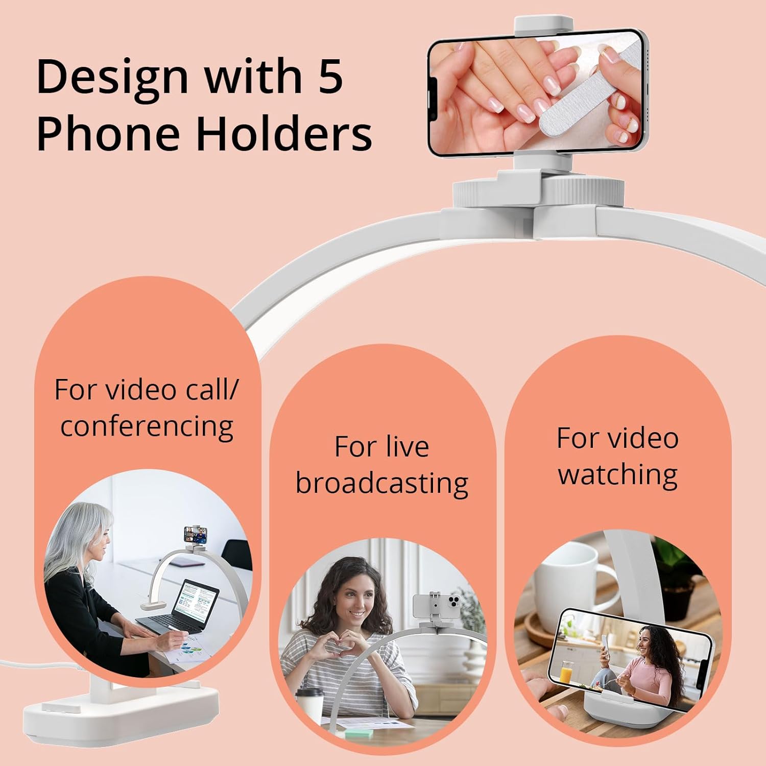 Semlos Half Moon Light for Nail Desk with 5 Phone Stands, Knob Controller, Foldable Nail Desk Lamp for Manicure & Handicraft, White