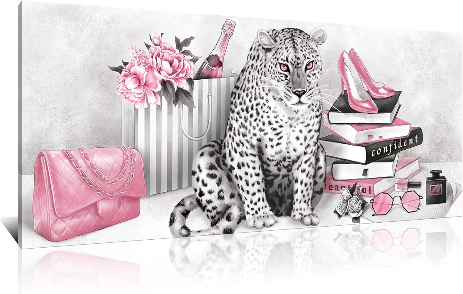 Kalormore Large Pink Fashion Leopard Canvas Wall Art Prints Glam High Heel Shoes Books Poster Giclee Prints Picture for Woman Bedroom Girl Gift Makeup Room Decoration