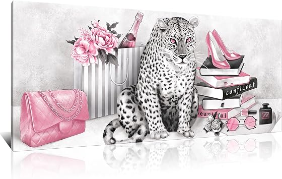 Kalormore Large Pink Fashion Leopard Canvas Wall Art Prints Glam High Heel Shoes Books Poster Giclee Prints Picture for Woman Bedroom Girl Gift Makeup Room Decoration