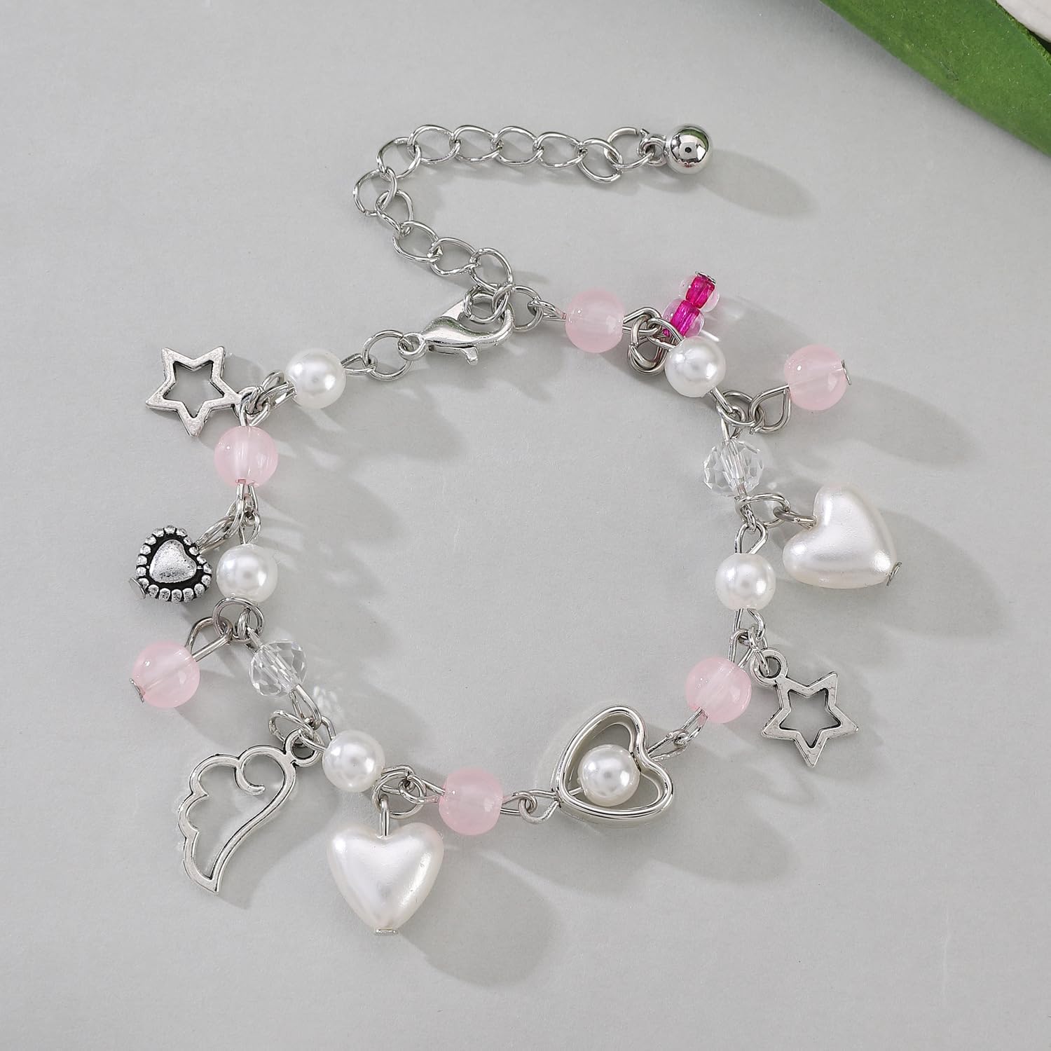 POYAMUSE Y2K Pink Charm Bracelet – Aesthetic Beaded Bracelets with Star, Heart, Bow Charms, Coquette Jewelry for Women