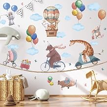 HLNIUC Jungle Animals Wall Stickers,Hot Air Balloon Animals Wall Stickers for Nursery,Woodland Animals Wall Decals,Elephant Giraffe Rabbit Fox Wall Art Stickers for Babyroom Kids Bedroom Decoration
