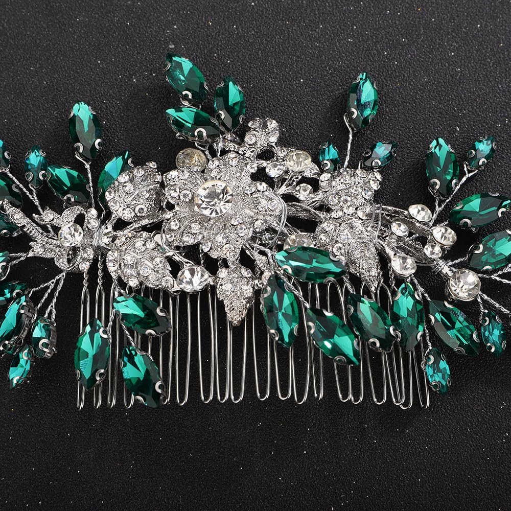 Teyglen Crystal Bridal Hair Comb - Floral Rhinestone Headpiece with Sparkly Green Crystals for Brides and Flower Girls