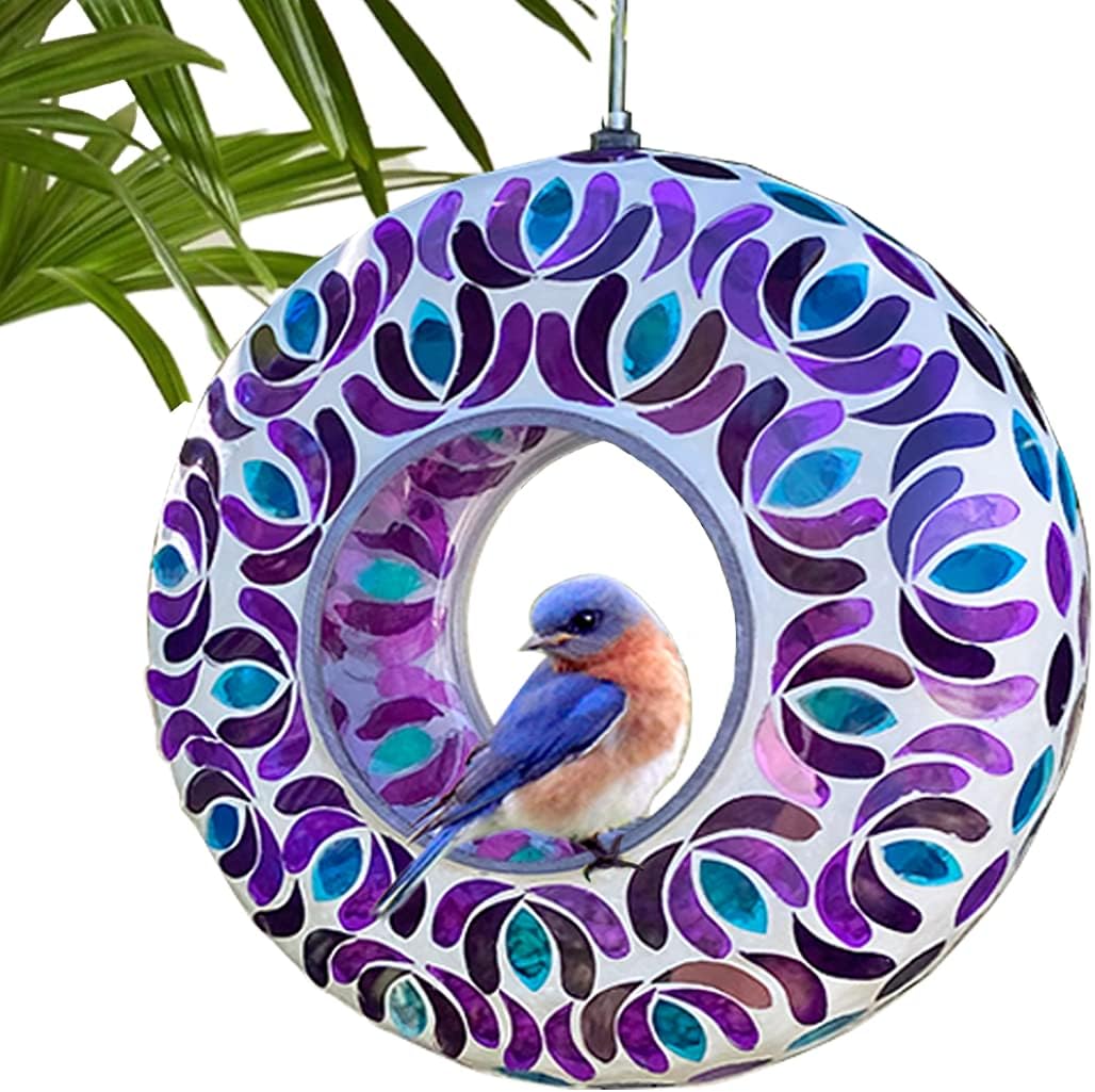 Lily’s Home 8 Inches Glass Mosaic Hanging Bird Feeder for Outdoors Fly-Through Large Bird Feeder for Outdoor Garden Decor Backyard, Excellent Gift for Animals Lovers, Purple and Blue