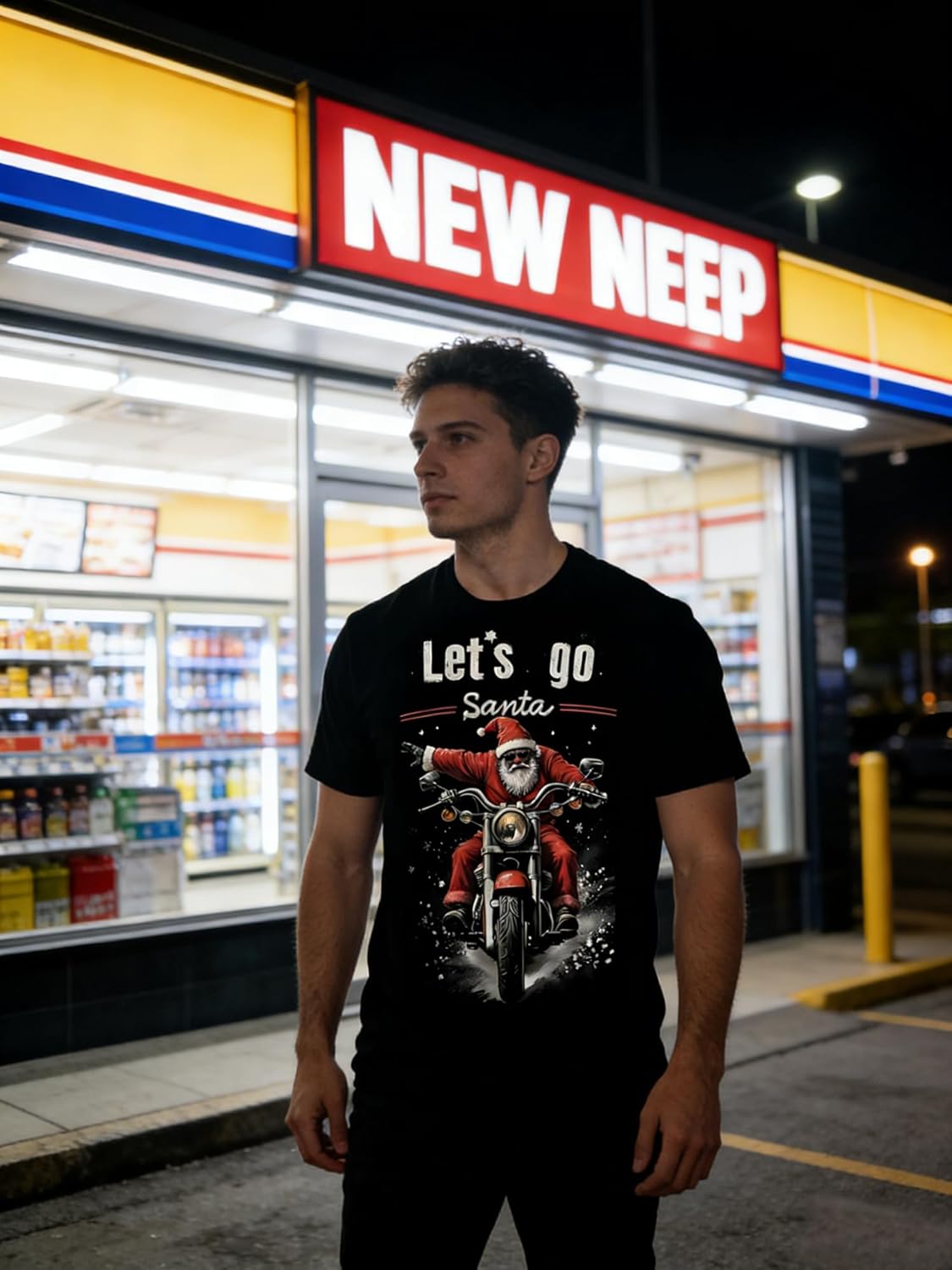 Men's Cotton Graphic Tee Let's Go Santa Motorcycle Print Black Short Sleeve T-Shirt Casual Comfortable Christmas Top(L)