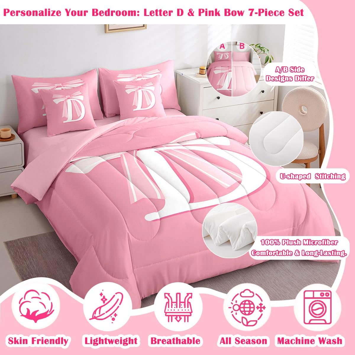 jejeloiu Pink Bow Bed Set Gifts for Women Teen Girl Full Size 7 Pieces