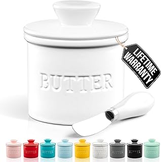 Zulay Kitchen Butter Crock with Lid for Countertop with Water Line - Ceramic French Butter Dish Keeper For Fresh, Soft & Spreadable Butter - White