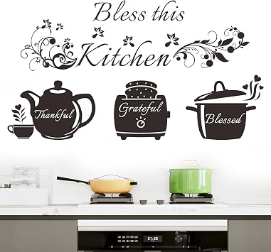 Kitchen Wall Stickers Decals Bless This Kitchen Wall Decor Thankful Grateful Blessed Quote Utensil Art Decorations for Home Dining Room Coffee Shop