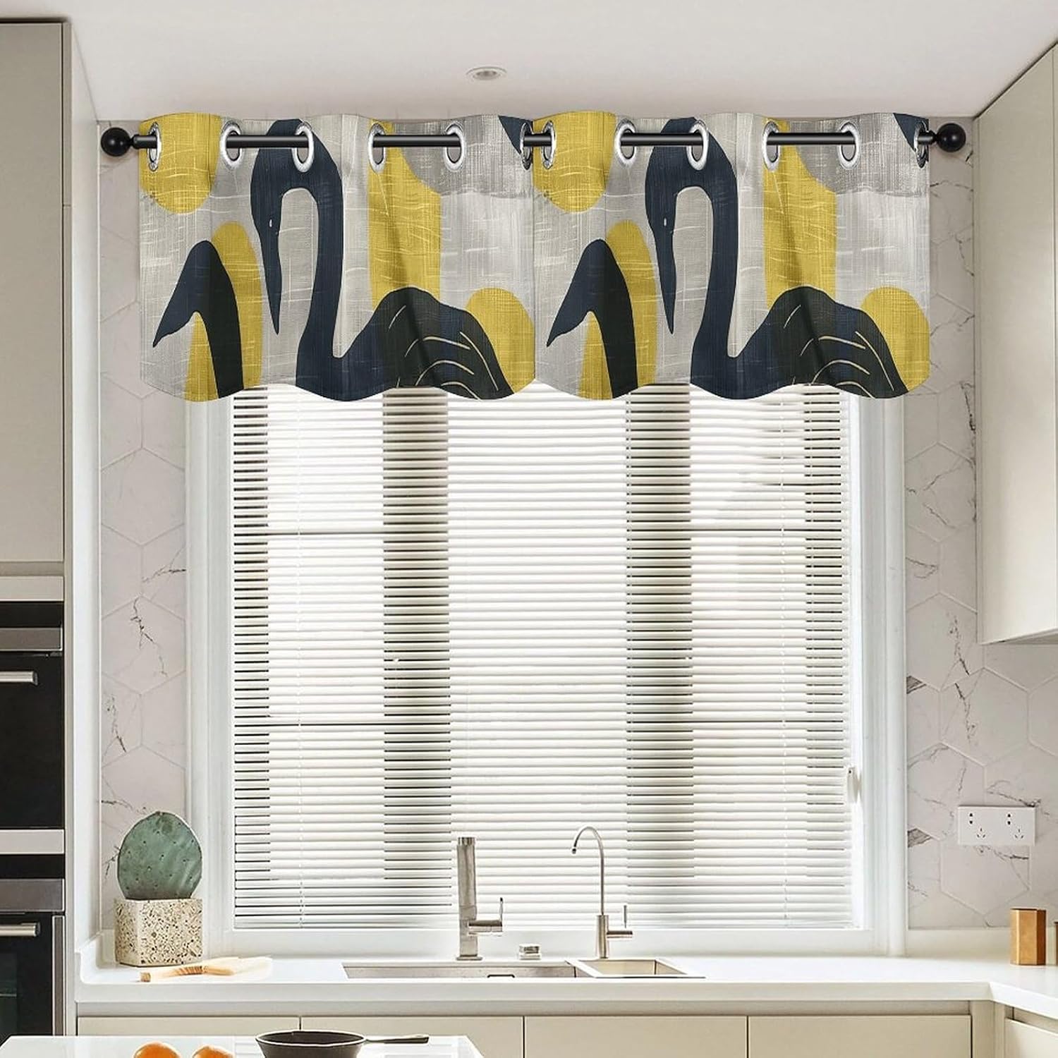 Linen Print Art Valance for Windows, 2 Pack Kitchen Curtains Modern Home Decor, Soft Blackout Window Curtains for Living Room & Bedroom, 18 X 52 Inch