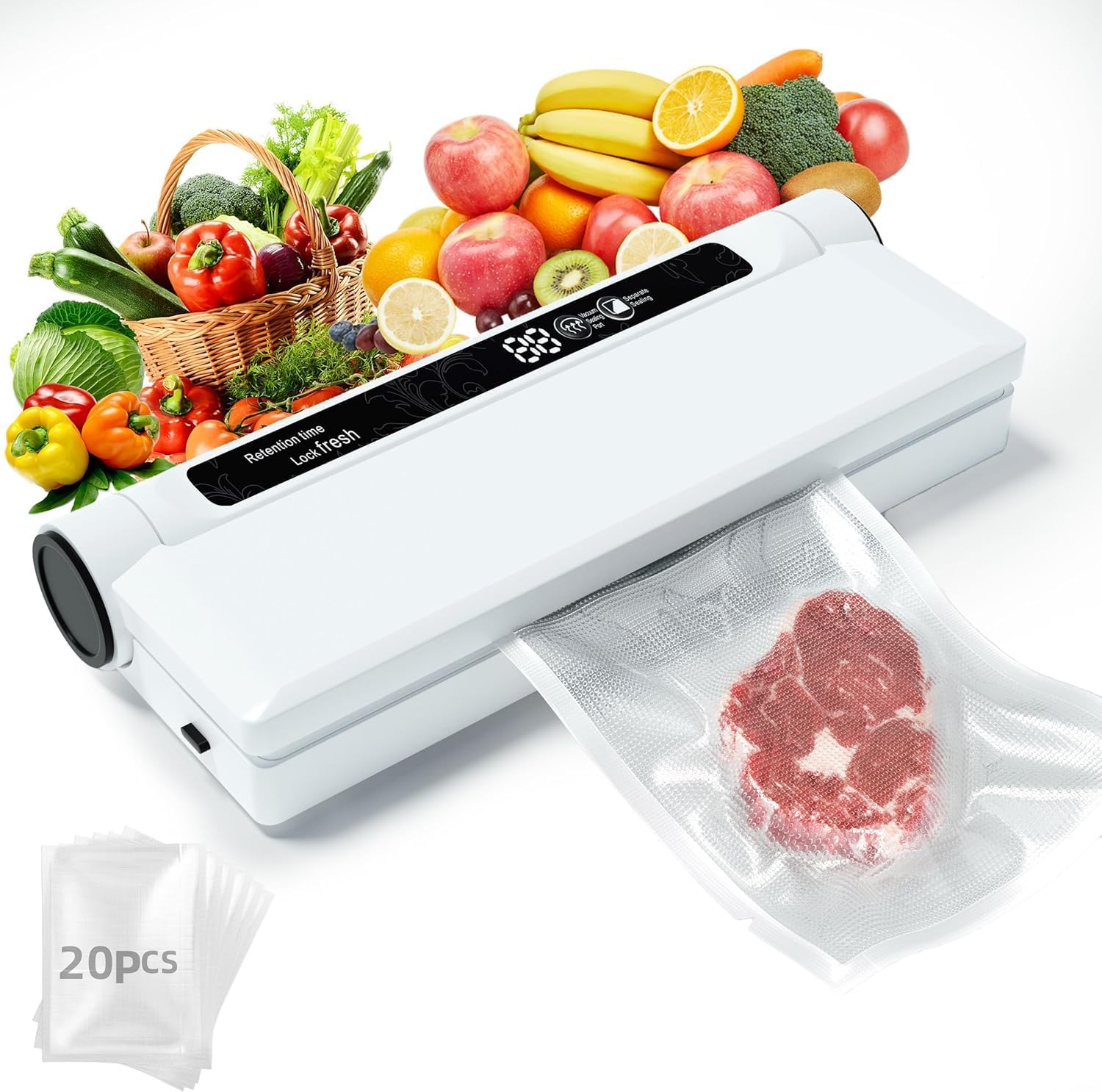Food Vacuum Sealer Machine, Dry/Wet Modes, Compact Design, with Led Indicator Lights, 20 Vacuum Sealer Bags, Ideal for Home Kitchen Use