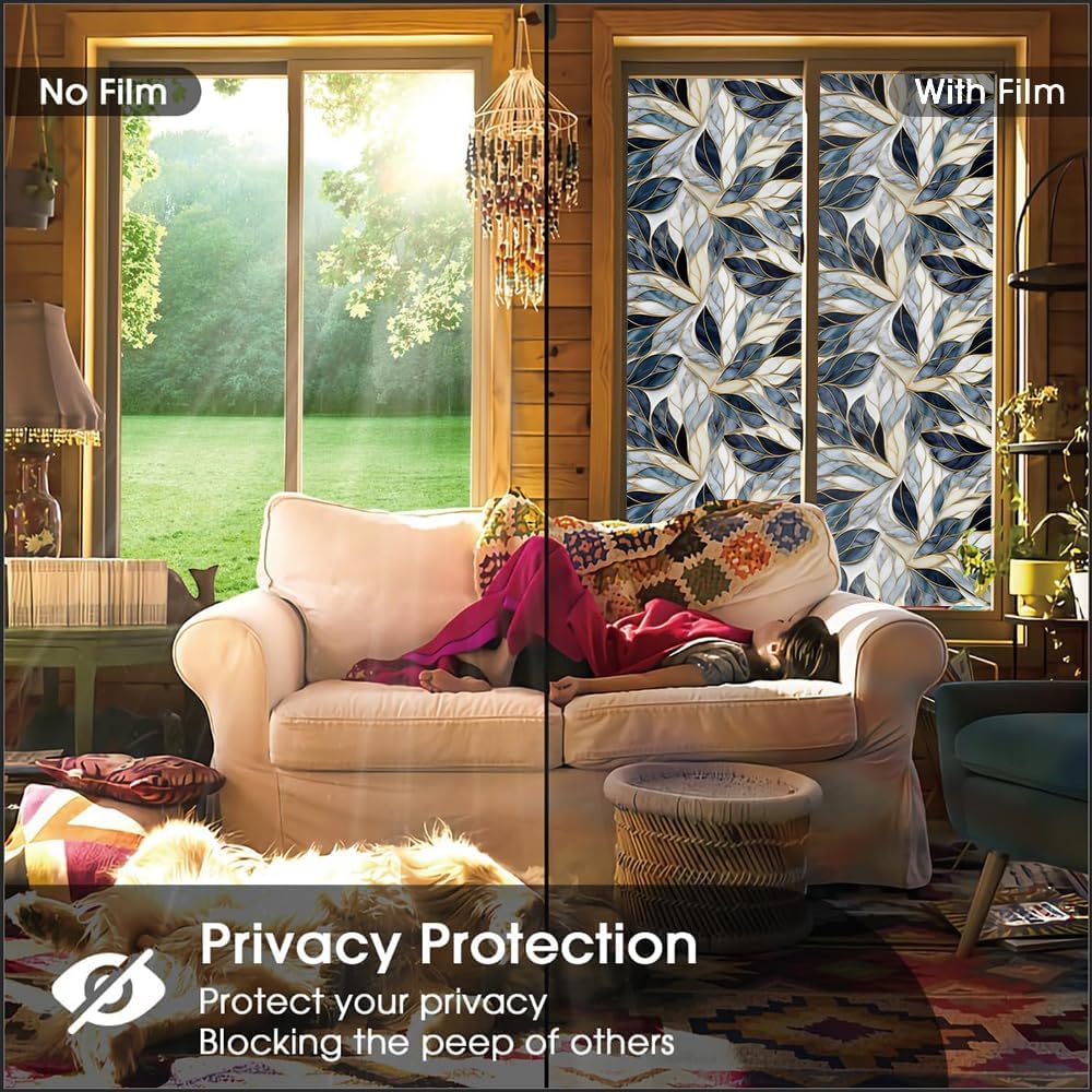 Modern Grey White Black Floral Leaf Mosaic Stained Glass Window Films Decorative Double-Side Privacy Film Self-Adhesive Static Glass Clings for Living Room Bathroom Decor