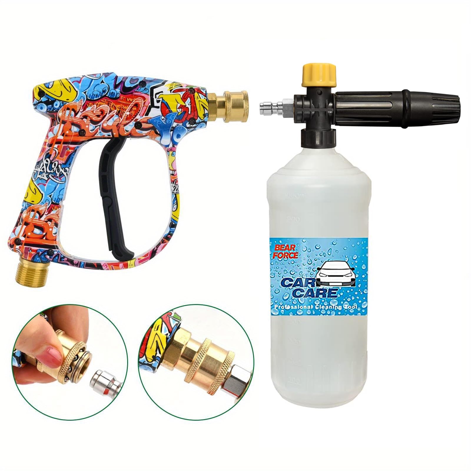 BEAR FORCE Pistolet pulvérisateur M22 ID14MM rapide 6,35 mm, 5 embouts, support buse, convertisseur, lavage voiture