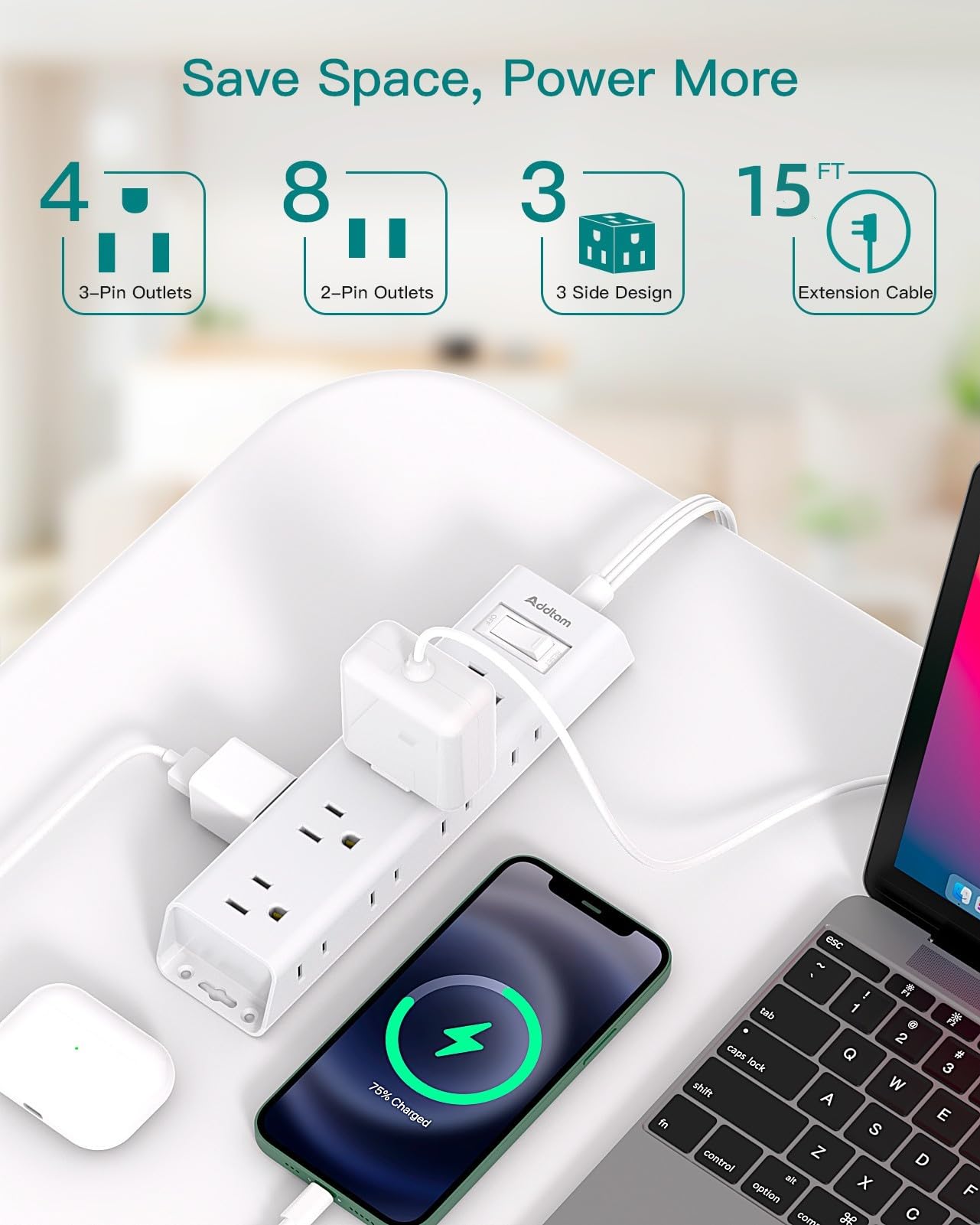 Snapklik.com : 15FT Extension Cord - Surge Protector Power Strip, 12 ...