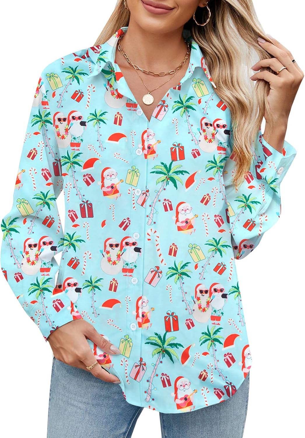 Christmas Button Down Shirts for Women Hawaiian Holiday Long Sleeve Tops - Image 5