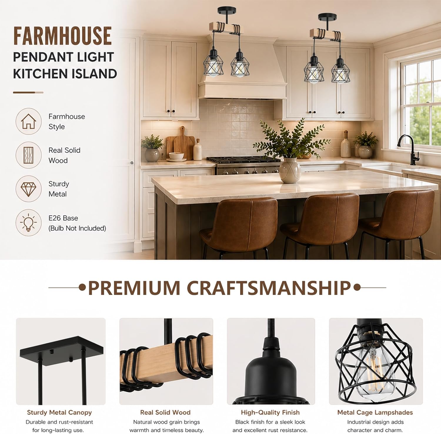 2 Light Farmhouse Ceiling Light,Pendant Light Kitchen Island,Dining Room Chandelier Light Fixture Over Table,Rustic Hanging Light for Kithen,Dining Room,Real Wood,Black Metal Cage