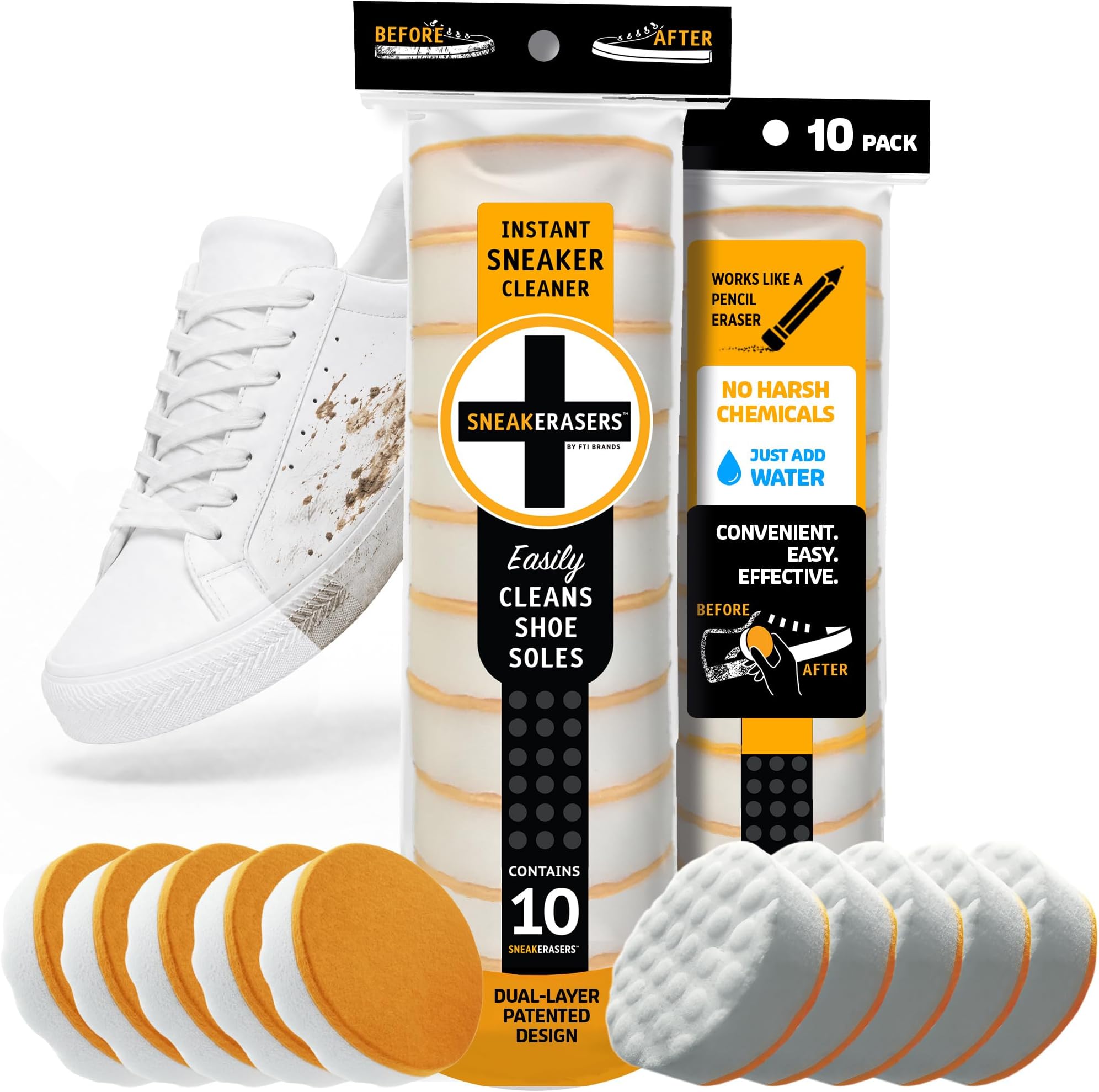 SneakERASERS Instant Sneaker Cleaner, Premium Shoe Cleaning Kit for Sneakers, Dual-Sided Sponges, Effective for Tennis Shoes & Women Men Sneakers, Gentle Rub Design (10 Pack)