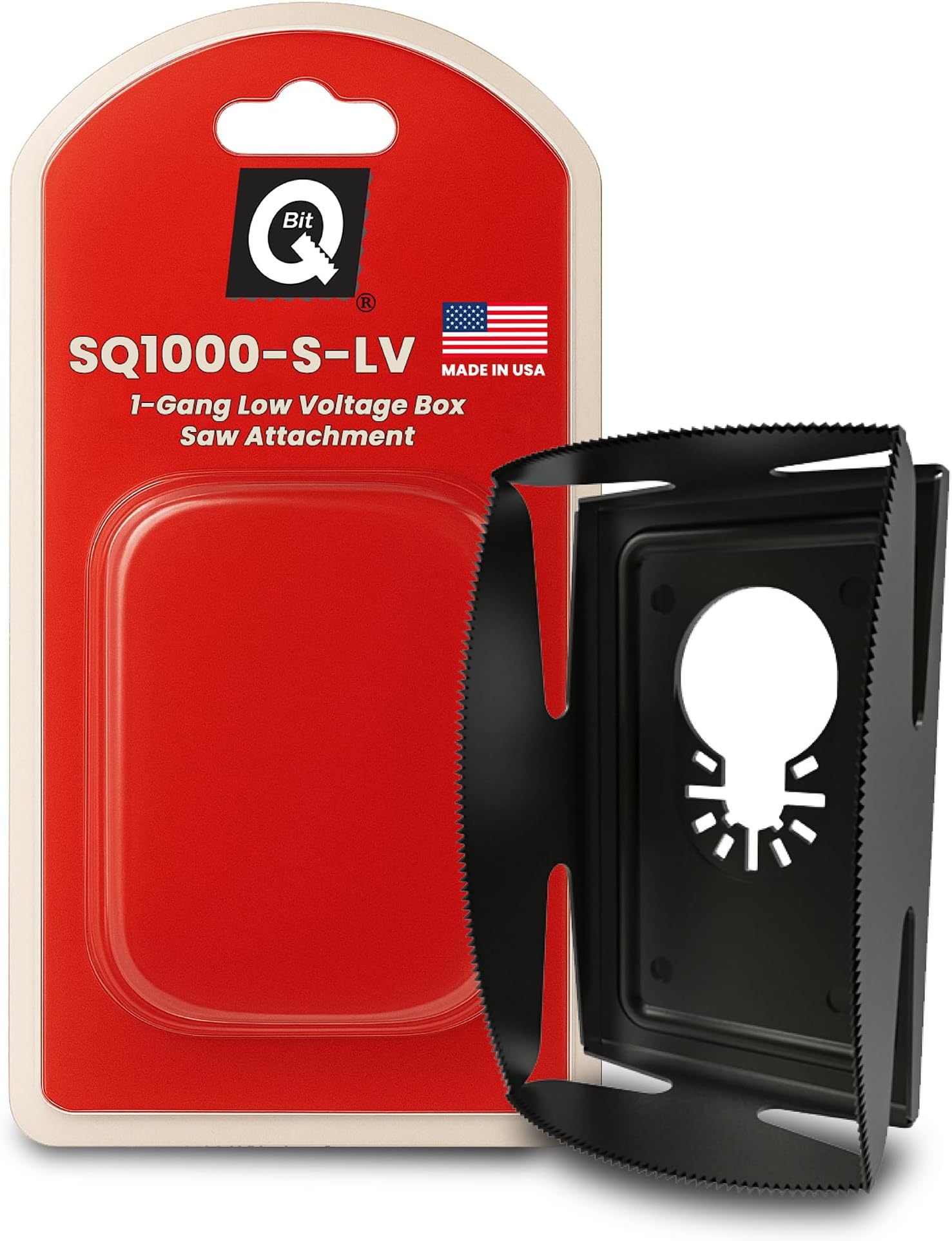 QBit SQ1000-S-LV | Low Voltage Bracket Outlet Box โ Stainless Steel Oscillating Multi-Tool Blade for 1-Gang Outlet Boxes โ Safe Drywall Cutter for Data, Cable, Alarm & AV Installations โ Made in USA