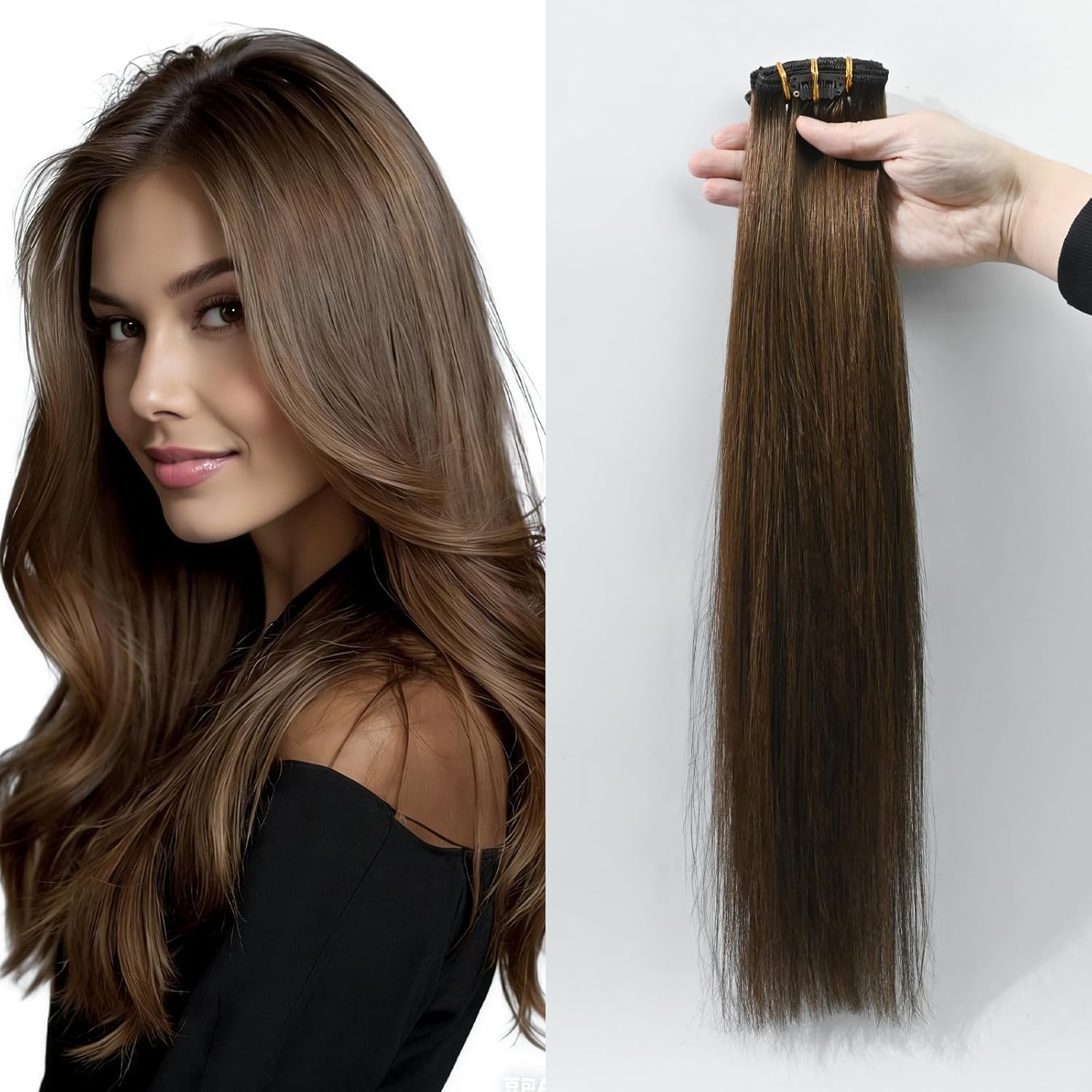 SWANNA Medium Brown Clip in Hair Extensions Real Human Hair, 20 inch 75g 7Pcs Soft & Natural Human Hair for Women #4 Chocolate Brown Extensions