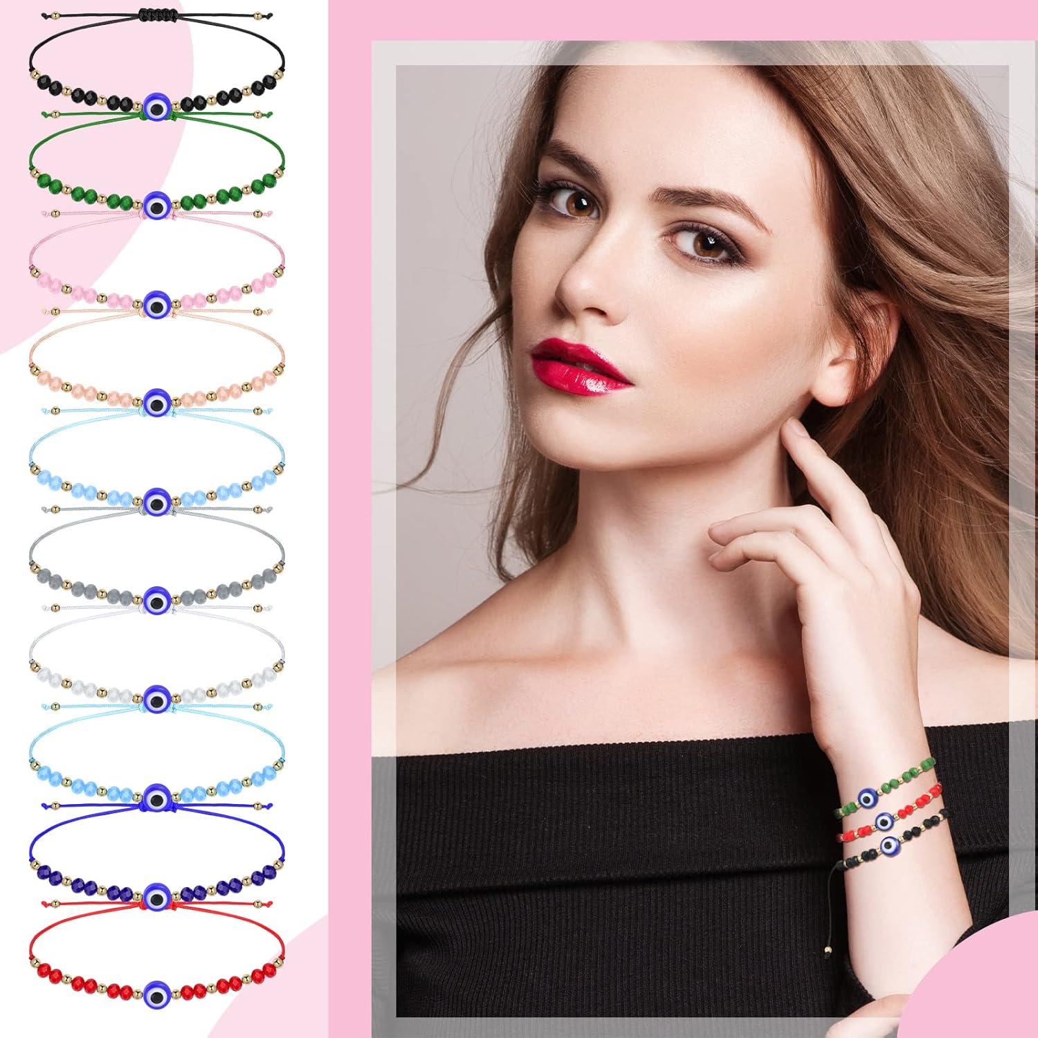 Vista 5 de WILLBOND 60 pulseras de ojo malvado pulseras mexicanas con nudo de cuerda pulseras de cuentas ajustables pulseras de eslabones de la suerte