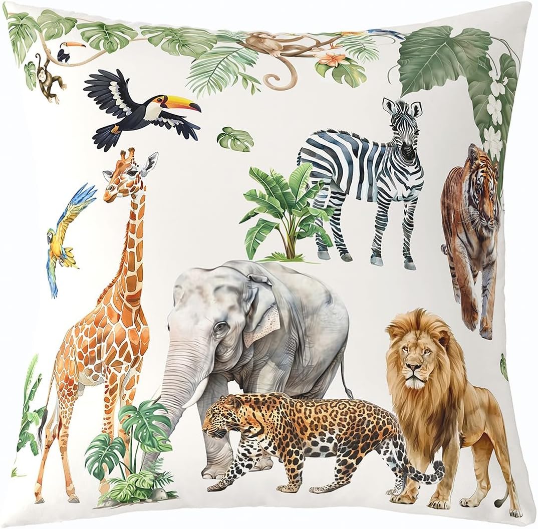 Erosebridal Zoo Animal Throw Pillow Cover 24x24 Inch for Sofa Bed Couch,Lion Tiger Monkey Pillow Cover Home Room Decor,Tropical Palm Trees Decorative Pillowcase,Farmhouse Cushion Case