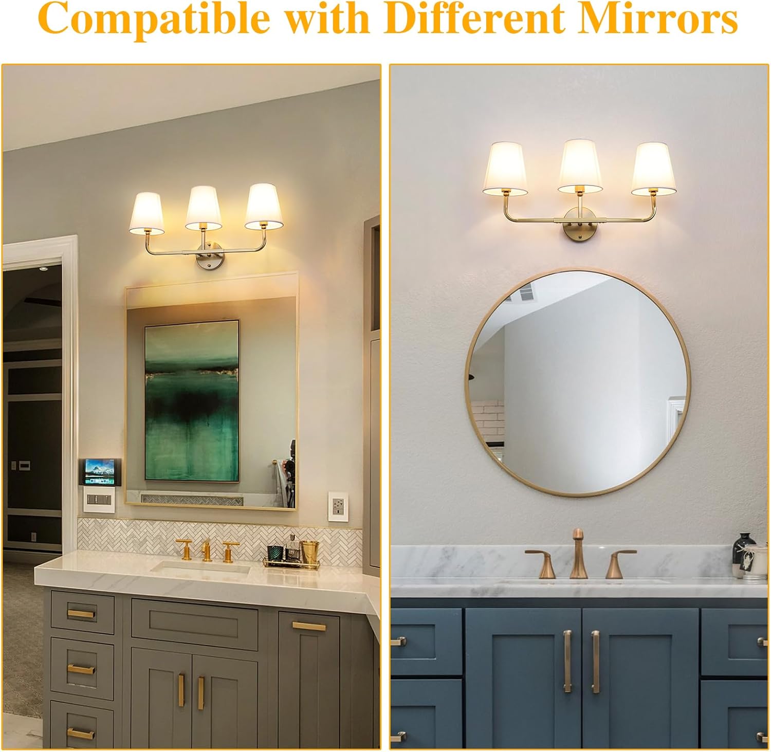 Bathroom Light Fixtures, 3-Light Wall Sconce, Gold Vanity Lights Over Mirror with Flared White Fabric Shade, Modern Sconces Wall Lighting for Bedroom Stairway Hallway (Gold)