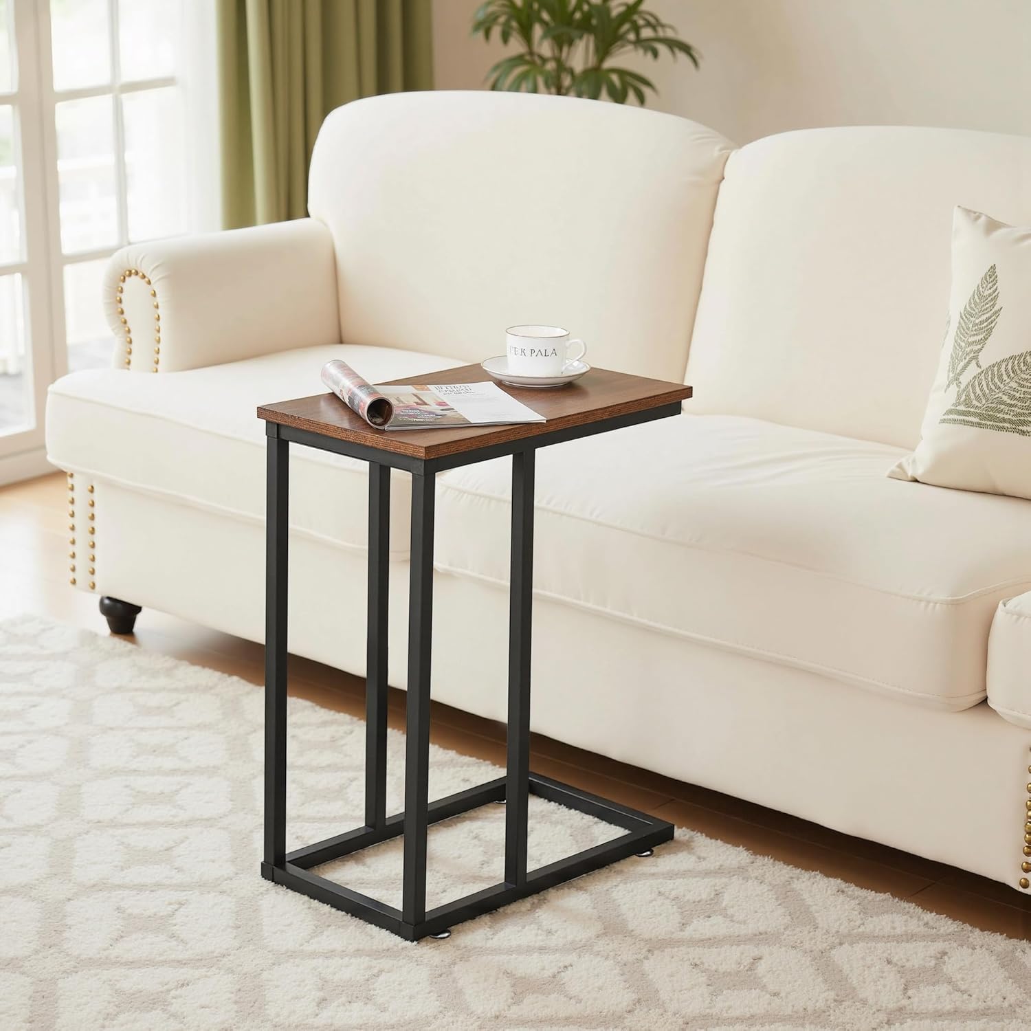 VECELO C Shaped End Side Table for Sofa Couch and Bed Snack TV Tray for Living Room Bedroom, 2 PCS, Brown