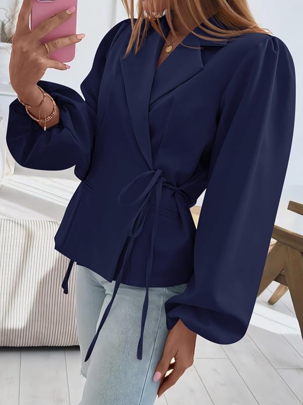 Cicy Bell Womens Puff Long Sleeve Blazers V Neck Wrap Cropped Trench Coat Work Office Dressy Casual Suit Jackets Navy by Cicy Bell - Used condition - Image 5